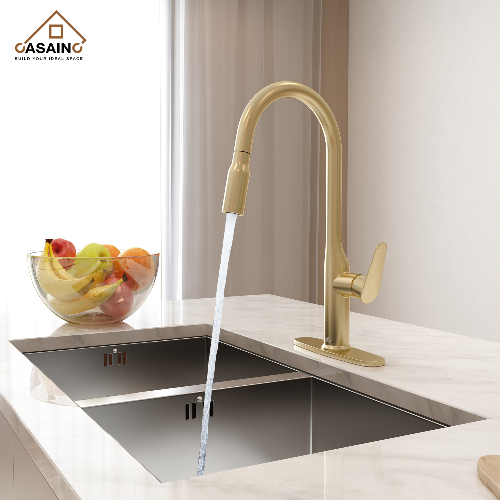 Single-Handle Pull-Out Sprayer Kitchen Faucet Deckplate Included in Brushed Nickel/Matte Black/Matte White/Brushed Gold