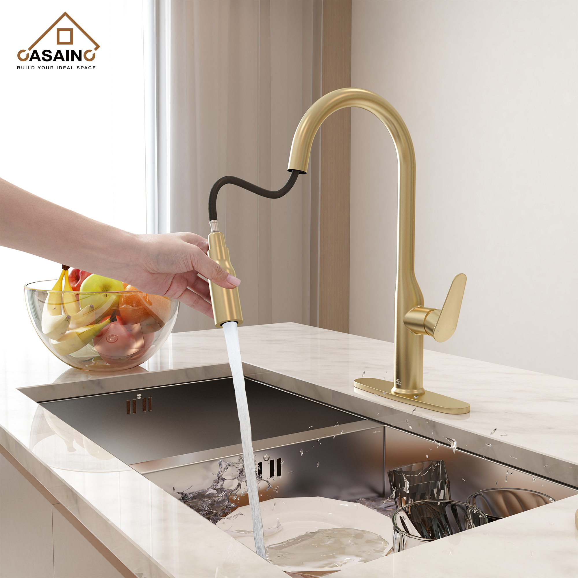 Single-Handle Pull-Out Sprayer Kitchen Faucet Deckplate Included in Brushed Nickel/Matte Black/Matte White/Brushed Gold