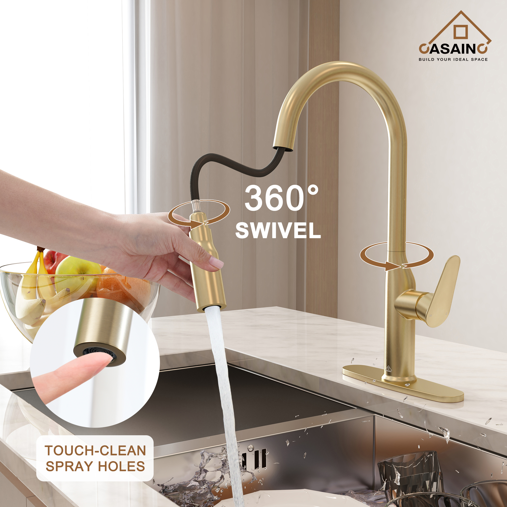 Single-Handle Pull-Out Sprayer Kitchen Faucet Deckplate Included in Brushed Nickel/Matte Black/Matte White/Brushed Gold