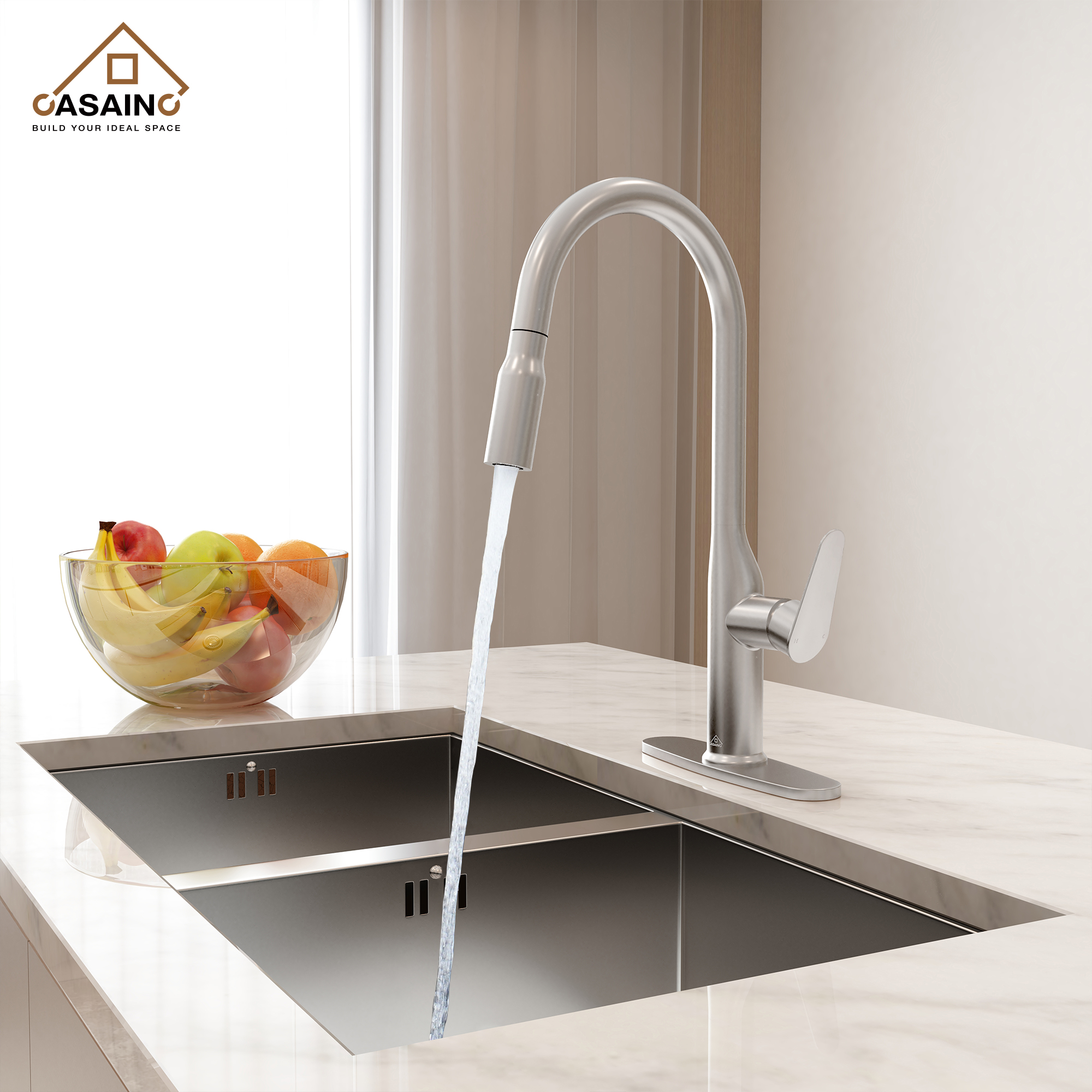 Single-Handle Pull-Out Sprayer Kitchen Faucet Deckplate Included in Brushed Nickel/Matte Black/Matte White/Brushed Gold