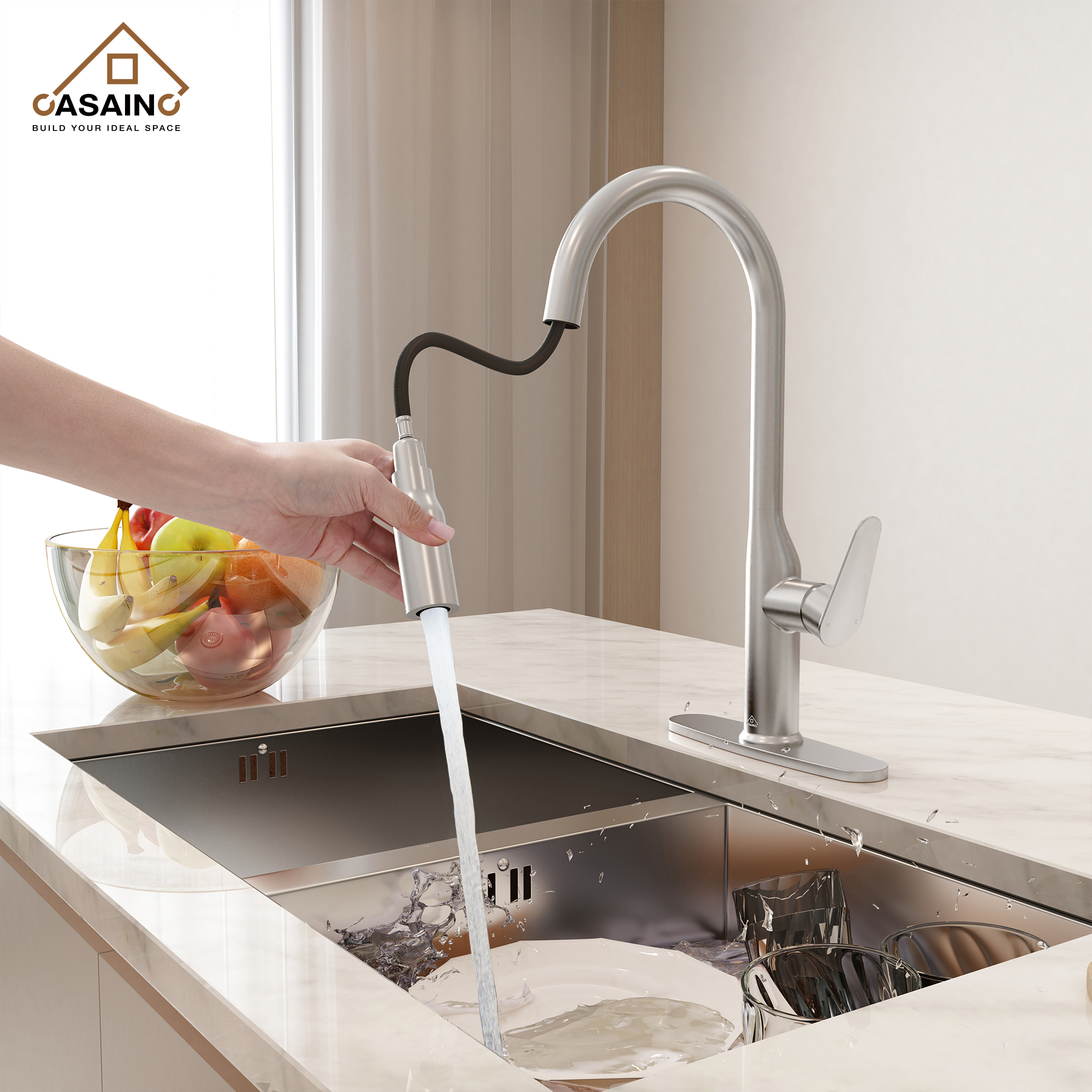 Single-Handle Pull-Out Sprayer Kitchen Faucet Deckplate Included in Brushed Nickel/Matte Black/Matte White/Brushed Gold