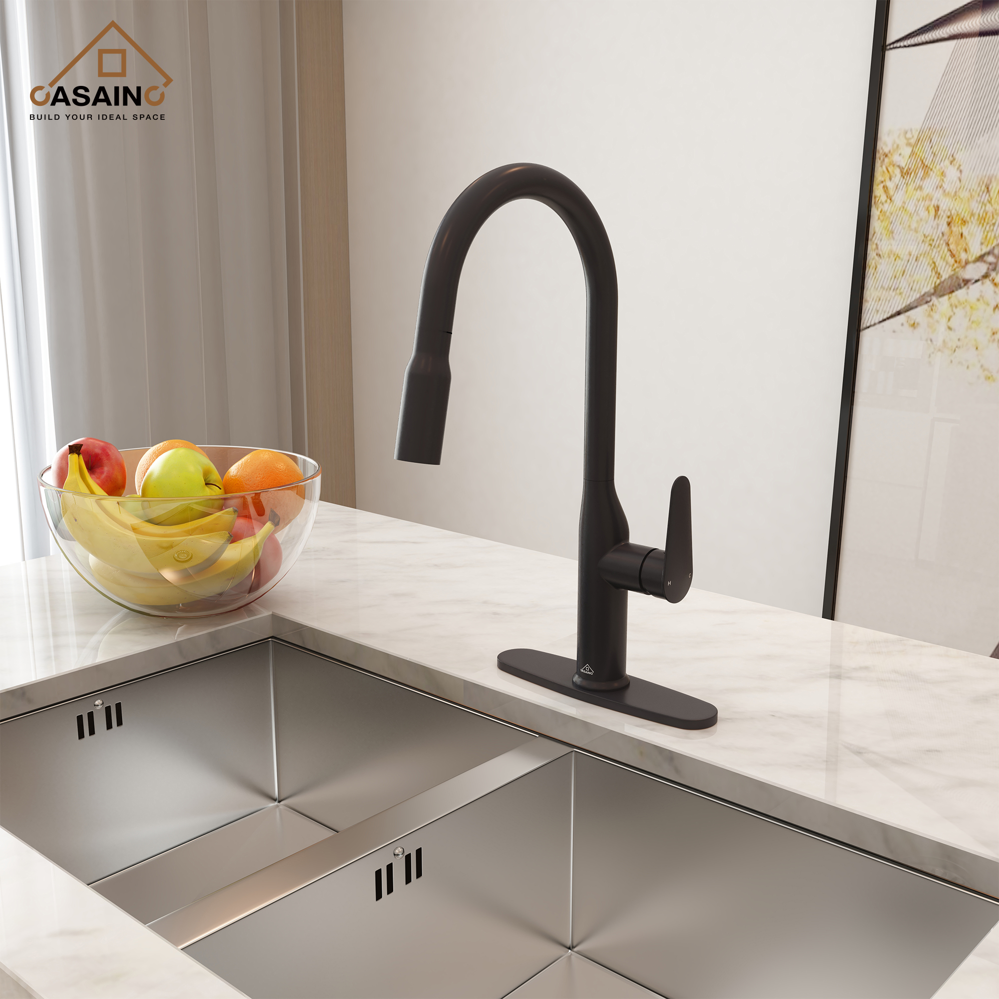 Single-Handle Pull-Out Sprayer Kitchen Faucet Deckplate Included in Brushed Nickel/Matte Black/Matte White/Brushed Gold