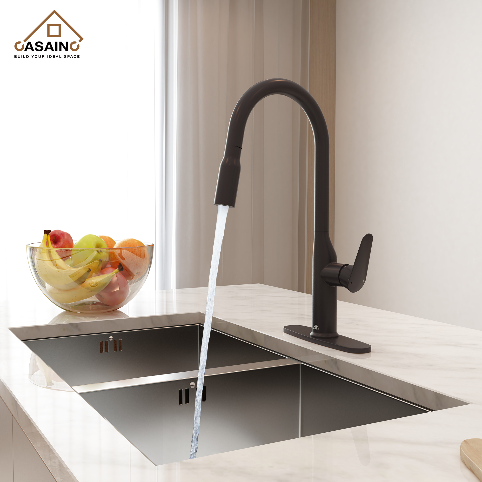 Single-Handle Pull-Out Sprayer Kitchen Faucet Deckplate Included in Brushed Nickel/Matte Black/Matte White/Brushed Gold