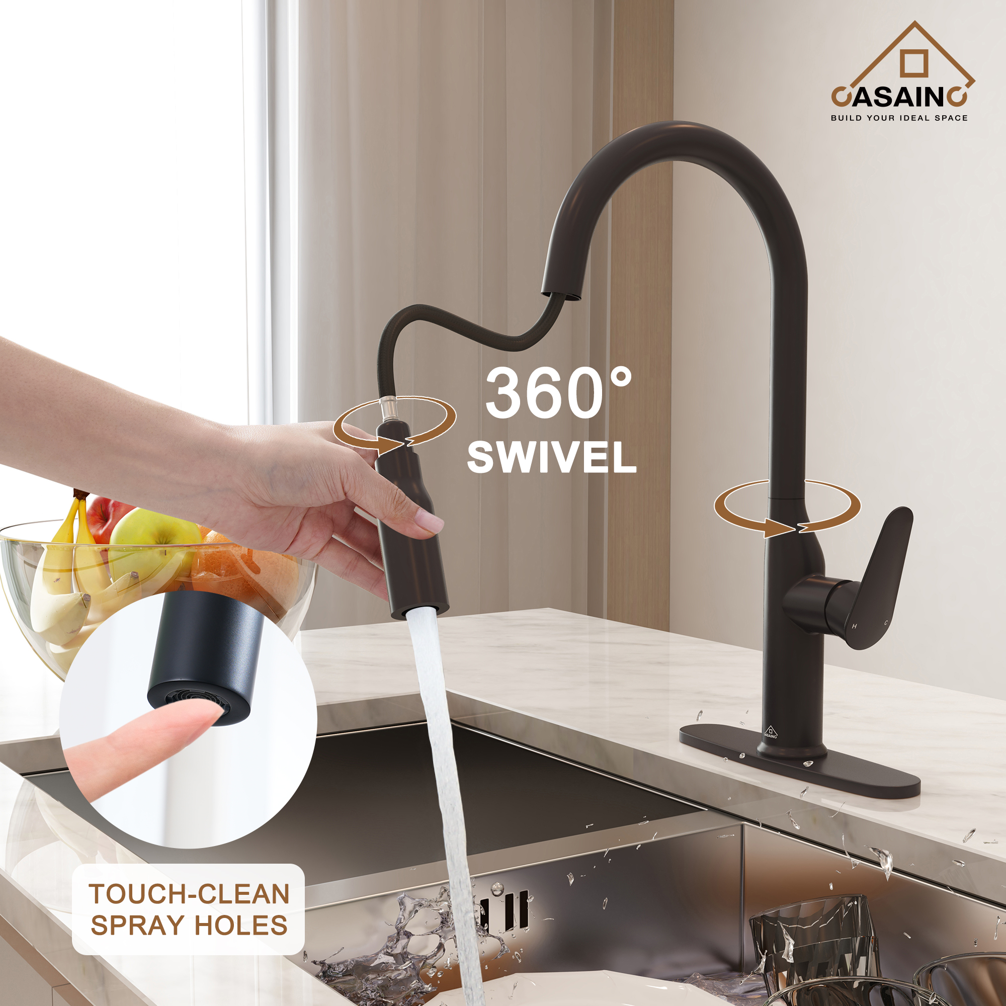 Single-Handle Pull-Out Sprayer Kitchen Faucet Deckplate Included in Brushed Nickel/Matte Black/Matte White/Brushed Gold