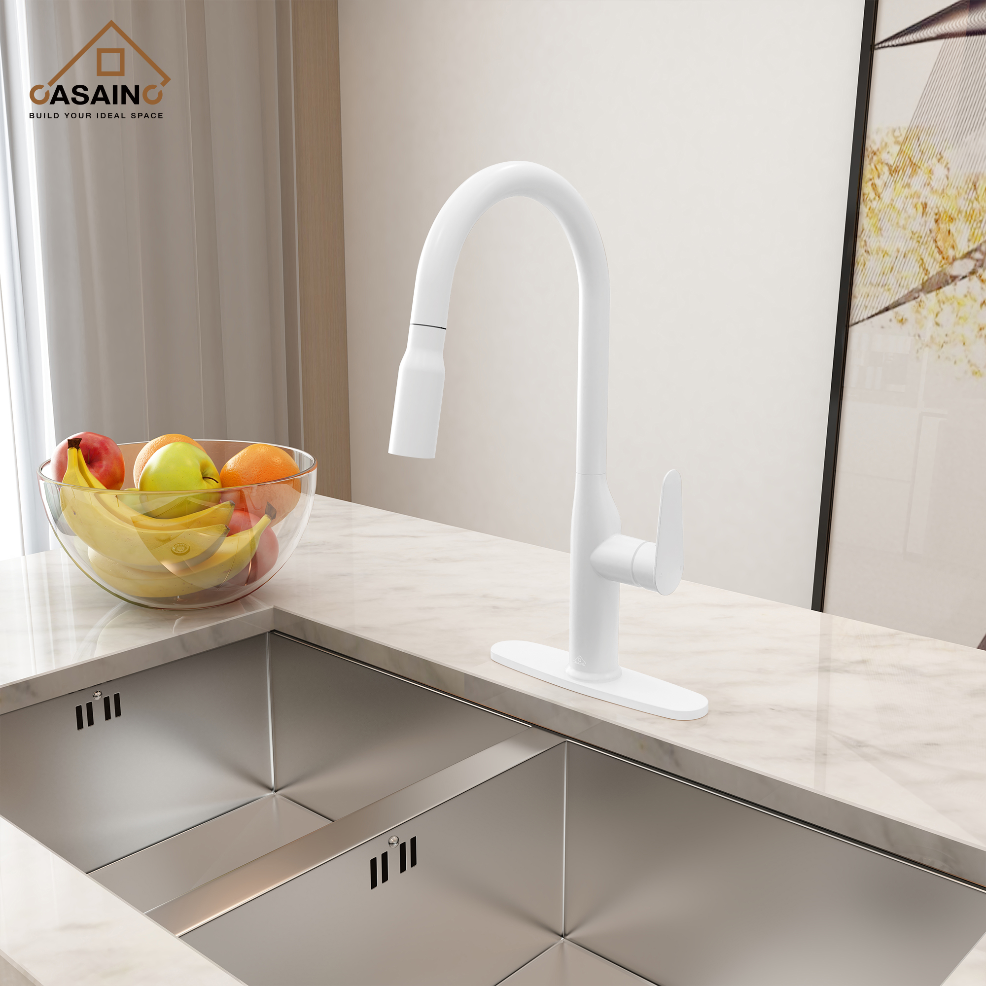 Single-Handle Pull-Out Sprayer Kitchen Faucet Deckplate Included in Brushed Nickel/Matte Black/Matte White/Brushed Gold