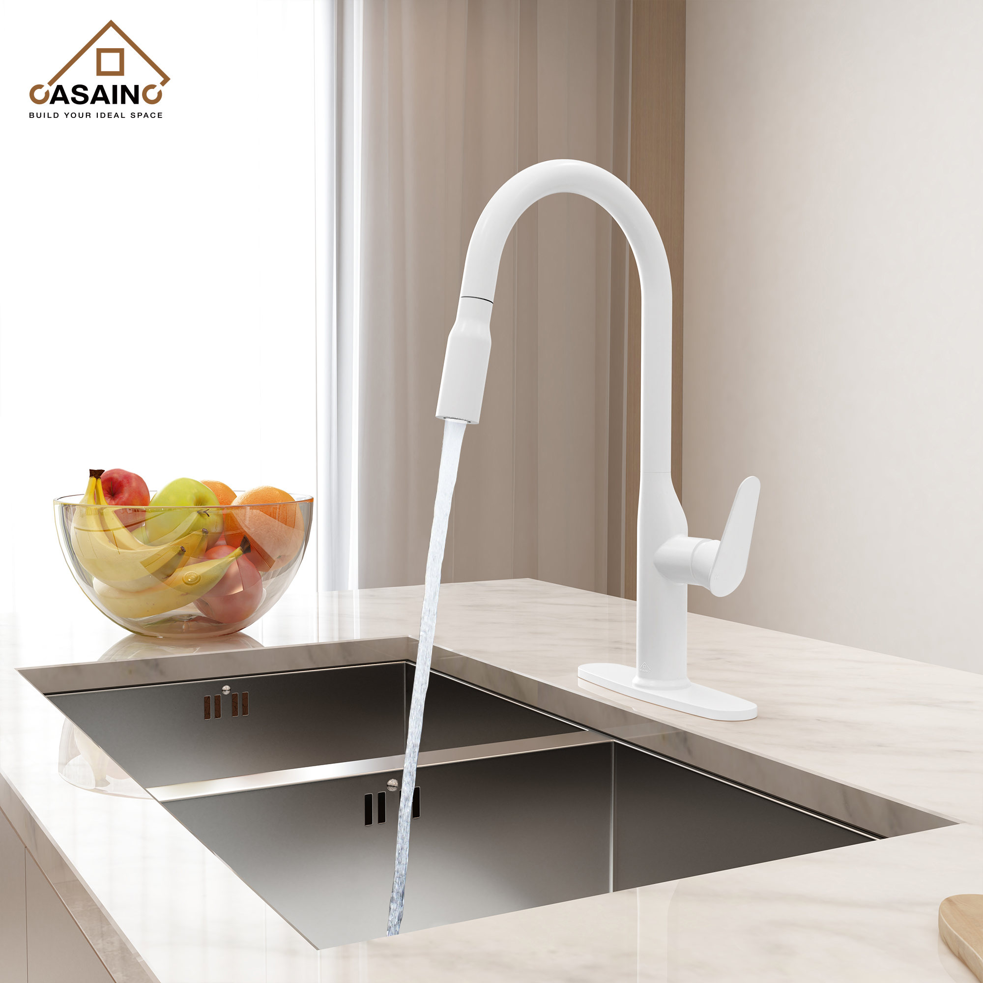 Single-Handle Pull-Out Sprayer Kitchen Faucet Deckplate Included in Brushed Nickel/Matte Black/Matte White/Brushed Gold