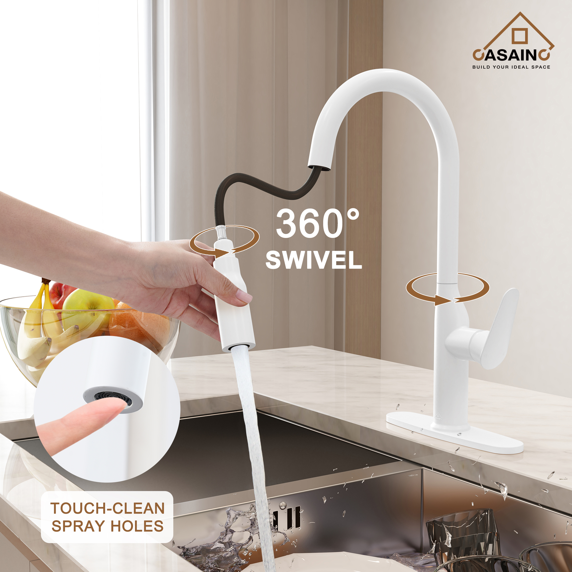 Single-Handle Pull-Out Sprayer Kitchen Faucet Deckplate Included in Brushed Nickel/Matte Black/Matte White/Brushed Gold