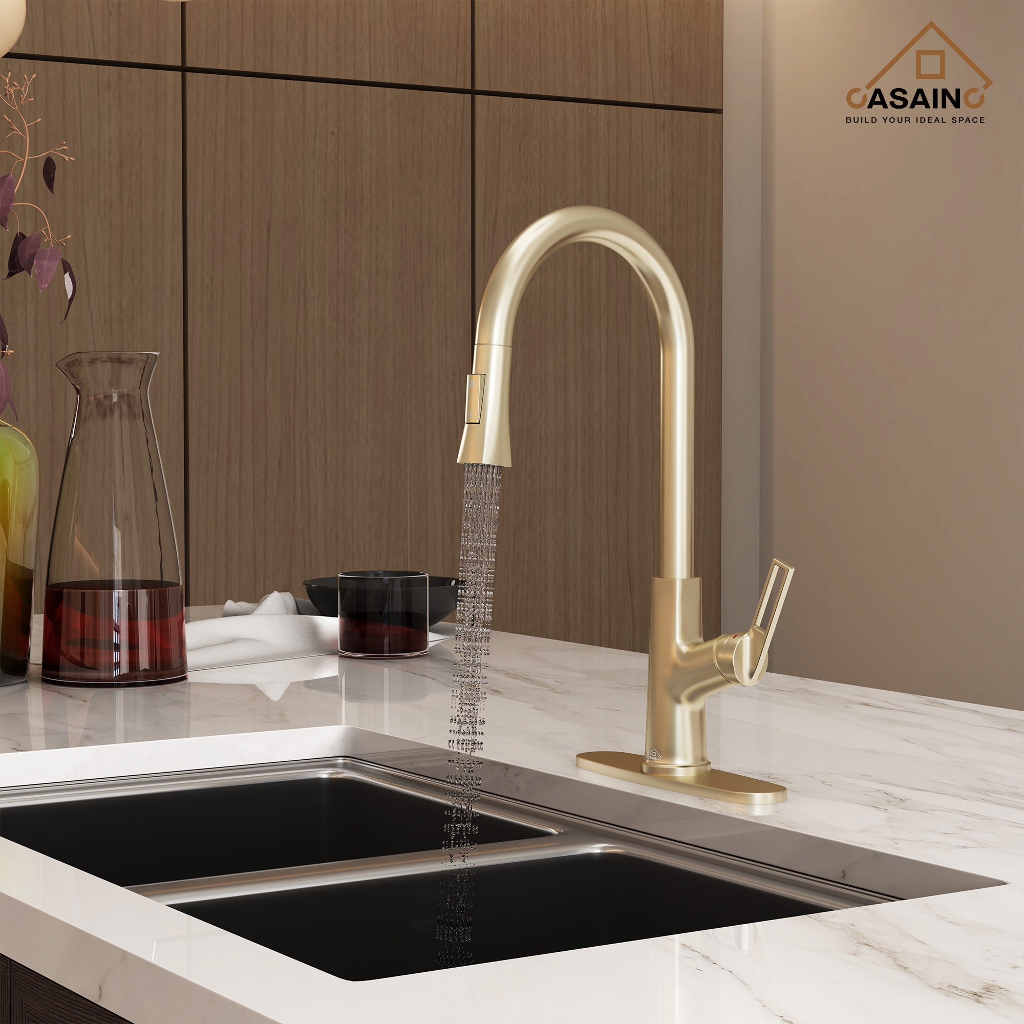 Single-Handle Pull-Out Sprayer Kitchen Faucet Deckplate Included in Brushed Nickel/Matte Black/Matte White/Brushed Gold