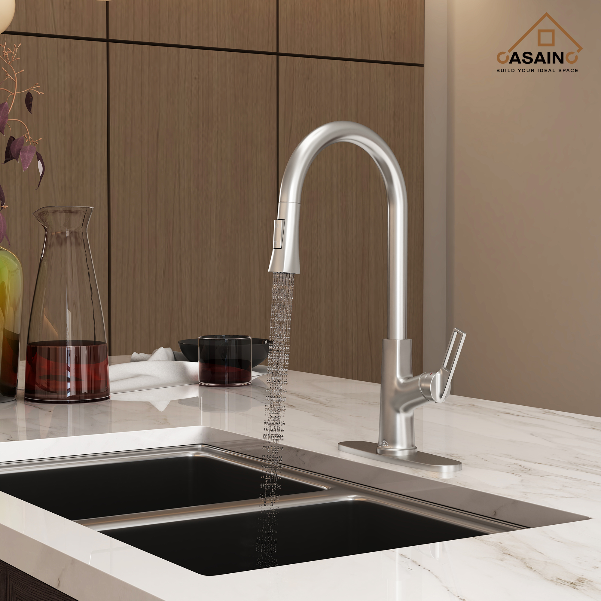 Single-Handle Pull-Out Sprayer Kitchen Faucet Deckplate Included in Brushed Nickel/Matte Black/Matte White/Brushed Gold