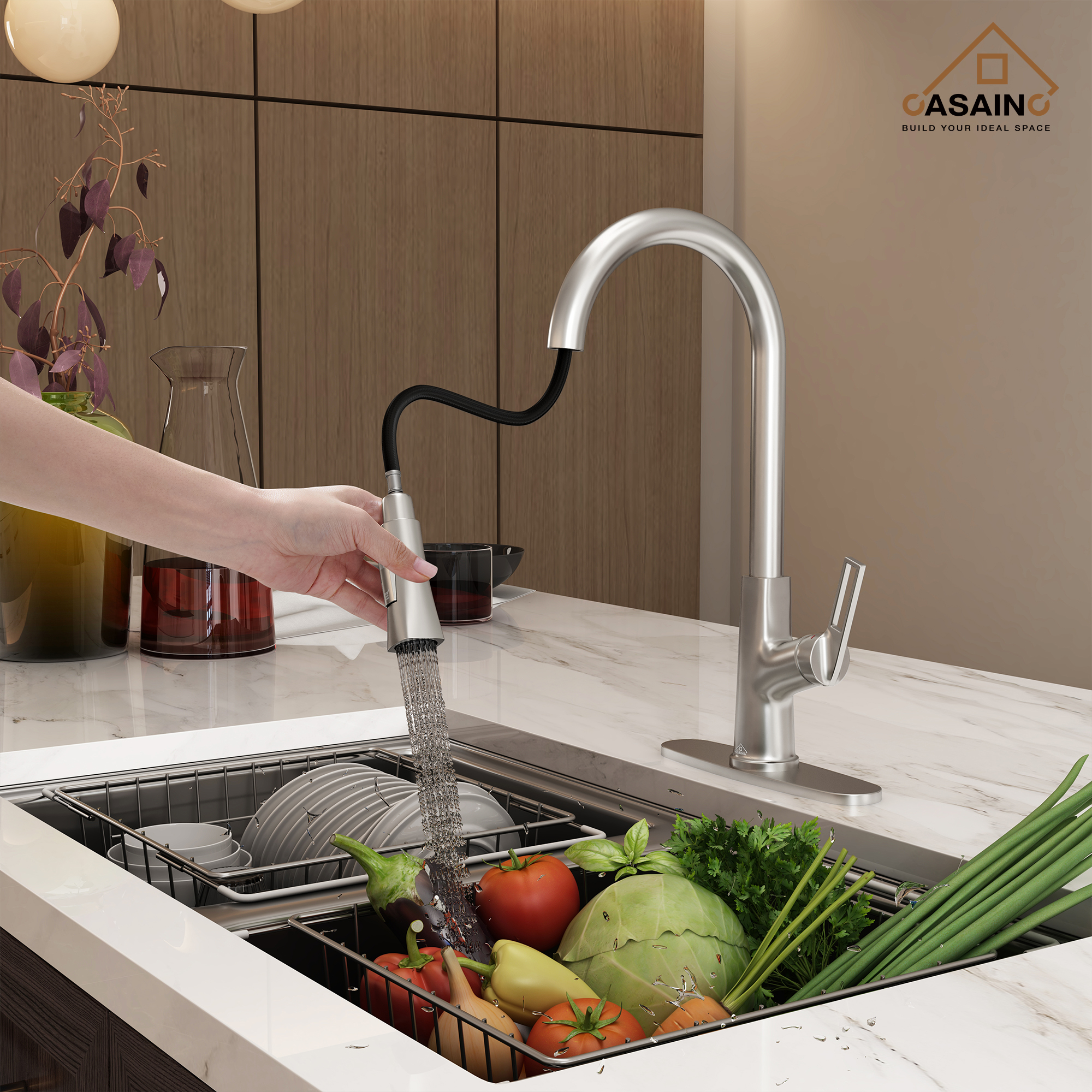 Single-Handle Pull-Out Sprayer Kitchen Faucet Deckplate Included in Brushed Nickel/Matte Black/Matte White/Brushed Gold