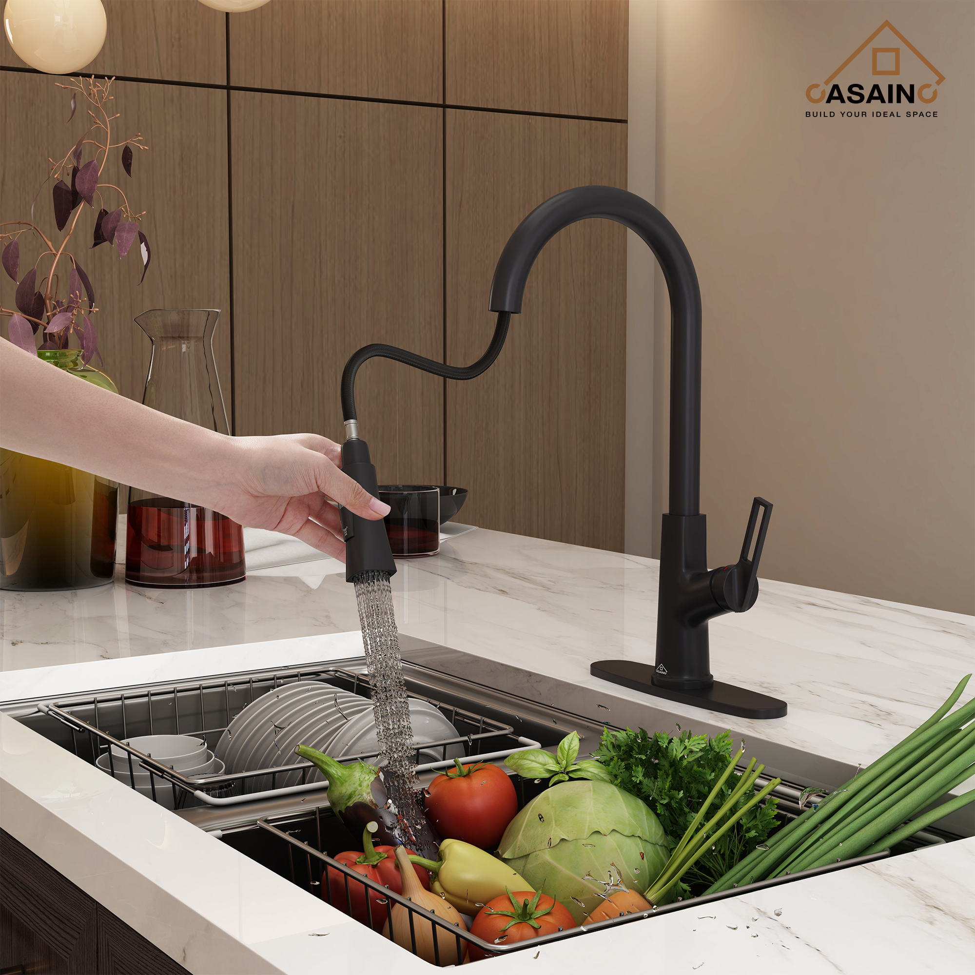 Single-Handle Pull-Out Sprayer Kitchen Faucet Deckplate Included in Brushed Nickel/Matte Black/Matte White/Brushed Gold