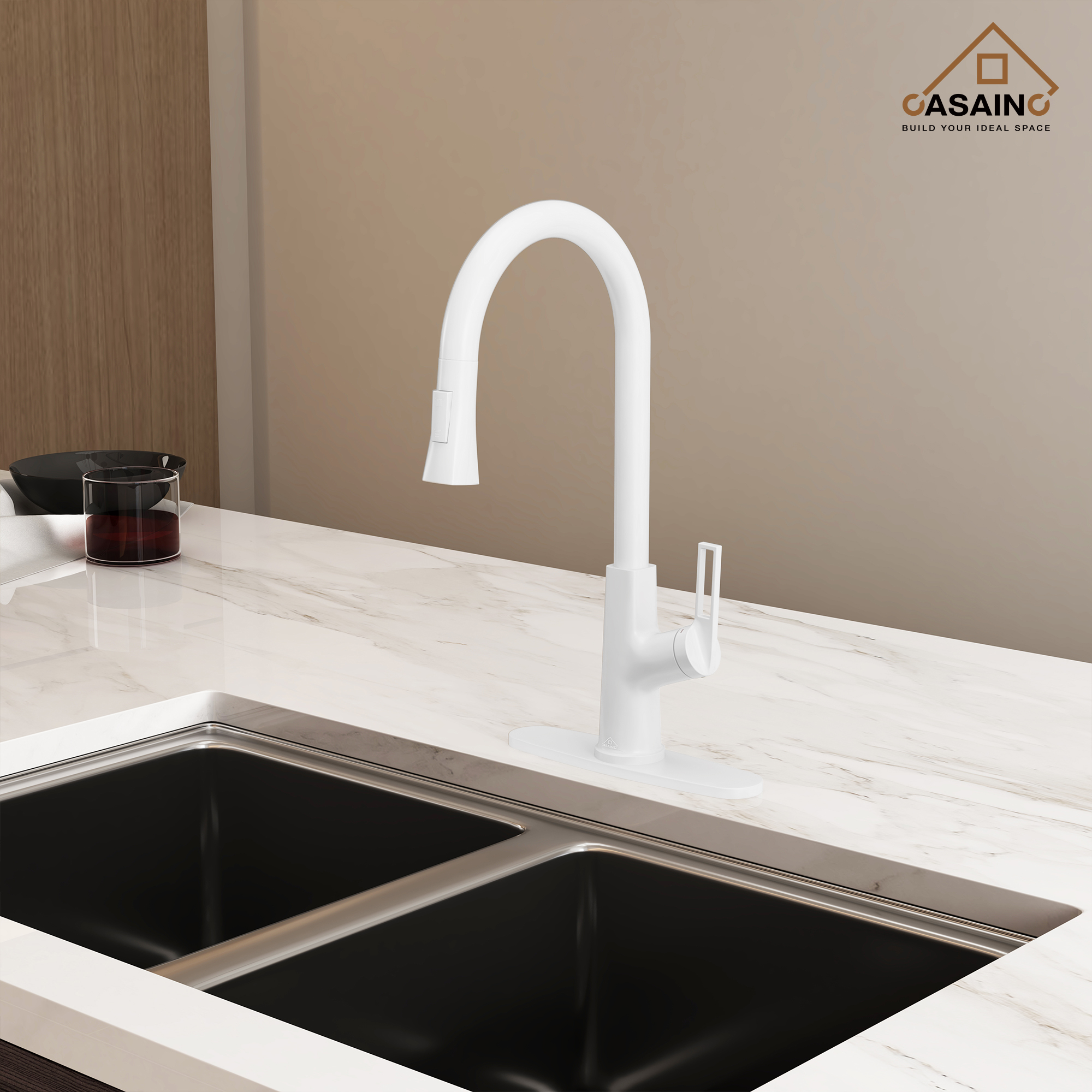 Single-Handle Pull-Out Sprayer Kitchen Faucet Deckplate Included in Brushed Nickel/Matte Black/Matte White/Brushed Gold