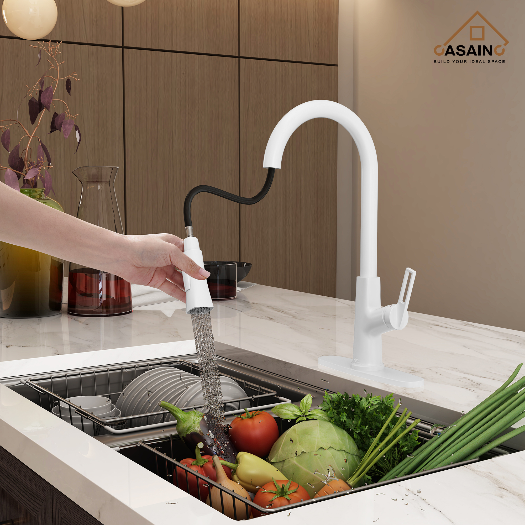 Single-Handle Pull-Out Sprayer Kitchen Faucet Deckplate Included in Brushed Nickel/Matte Black/Matte White/Brushed Gold