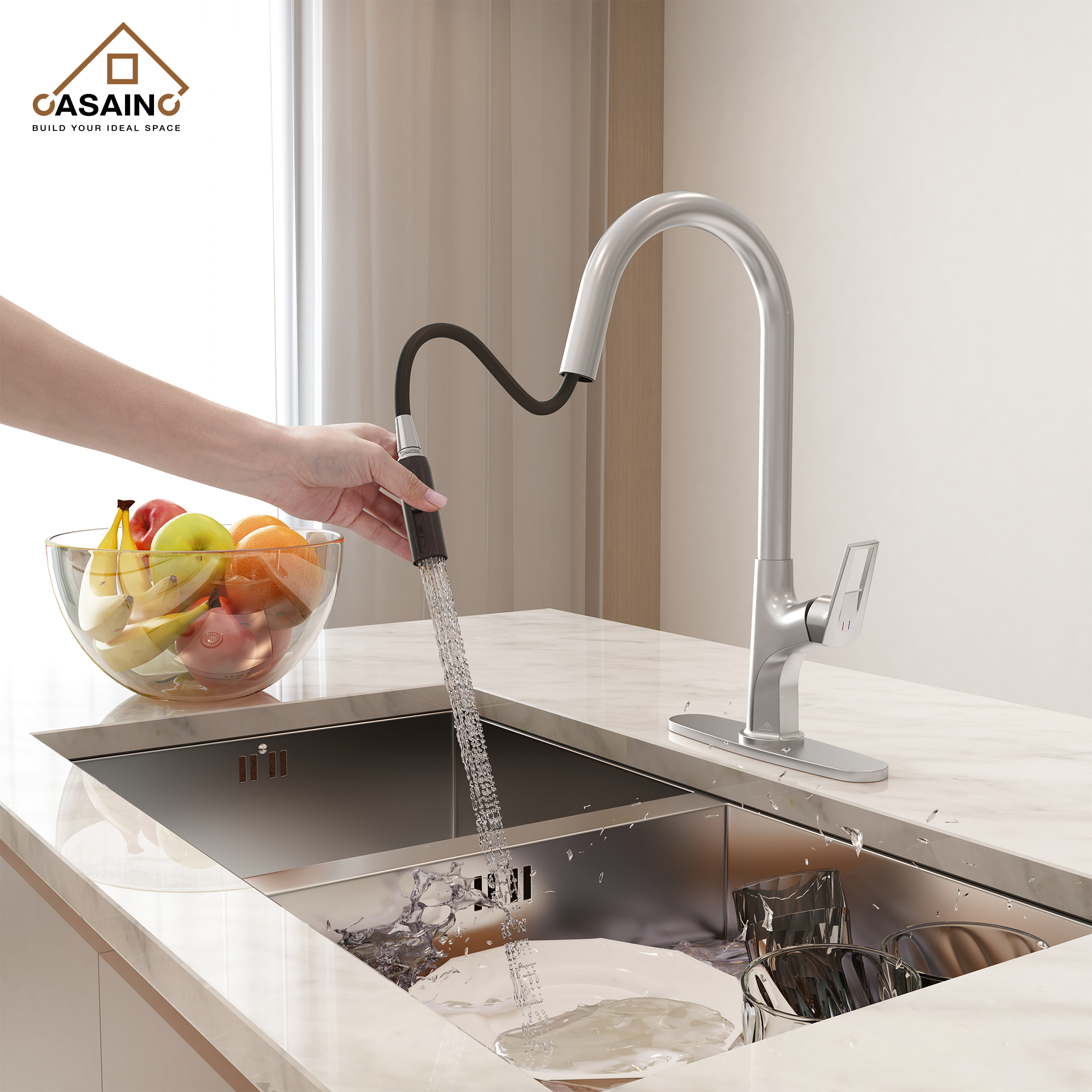Single-Handle Kitchen Faucet with Pull-Out Sprayer in Matte Black Brushed Nickel Brushed Gold