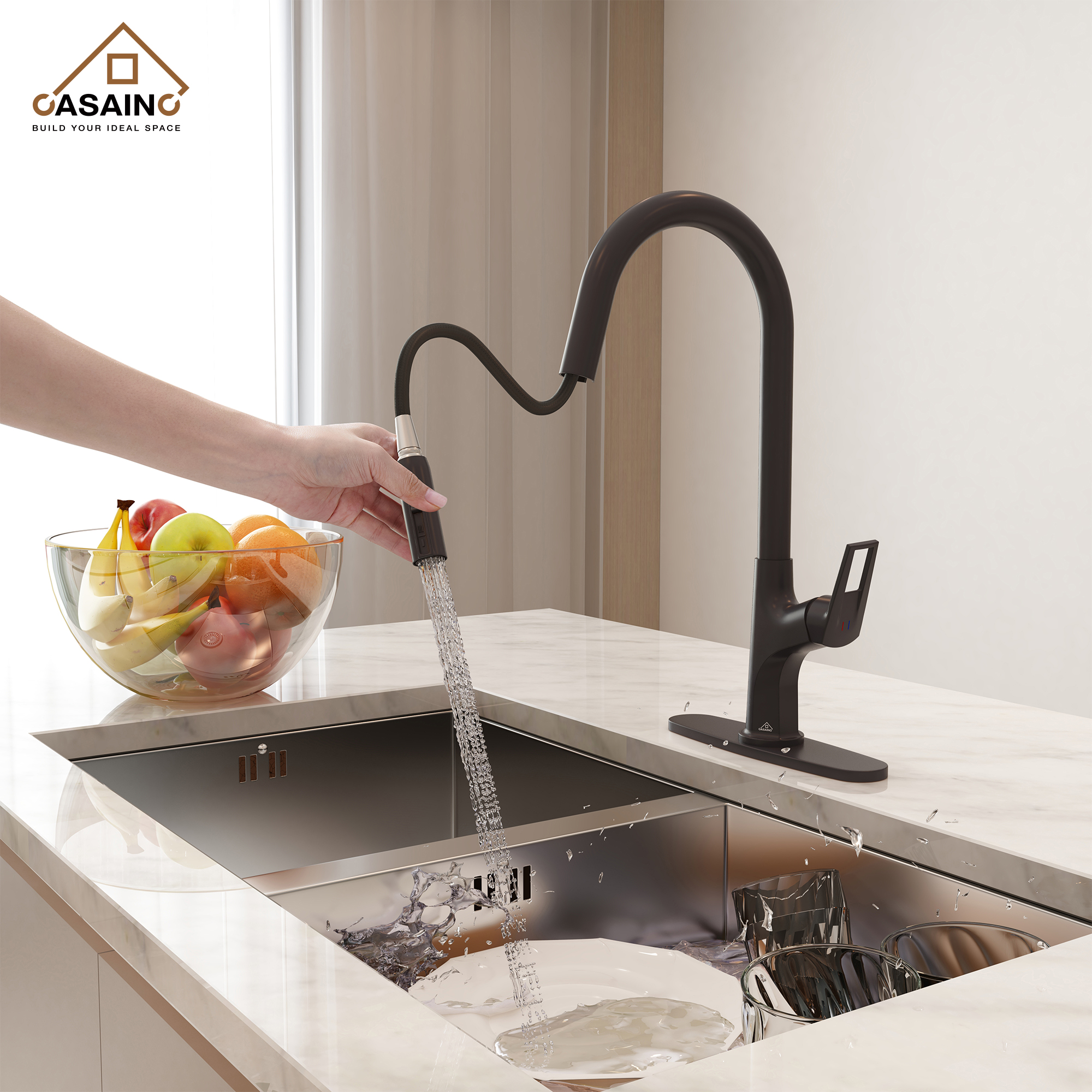 Single-Handle Kitchen Faucet with Pull-Out Sprayer in Matte Black Brushed Nickel Brushed Gold
