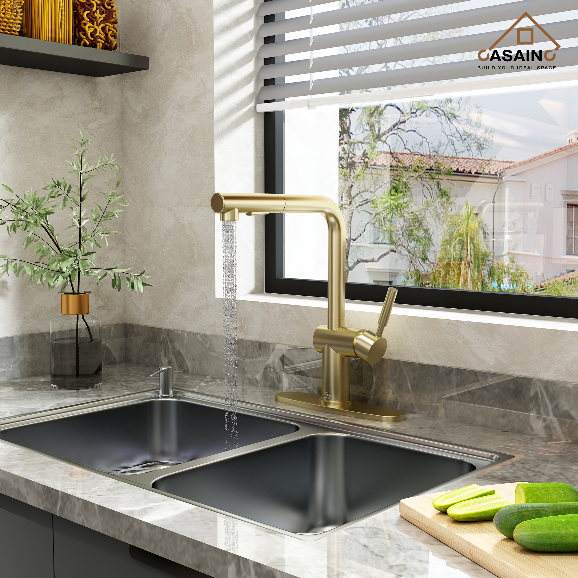 360 degrees Single-Handle Kitchen Faucet with Pull-Out Sprayer in Matte Black/Brushed Nickel/Brushed Gold/Matte White