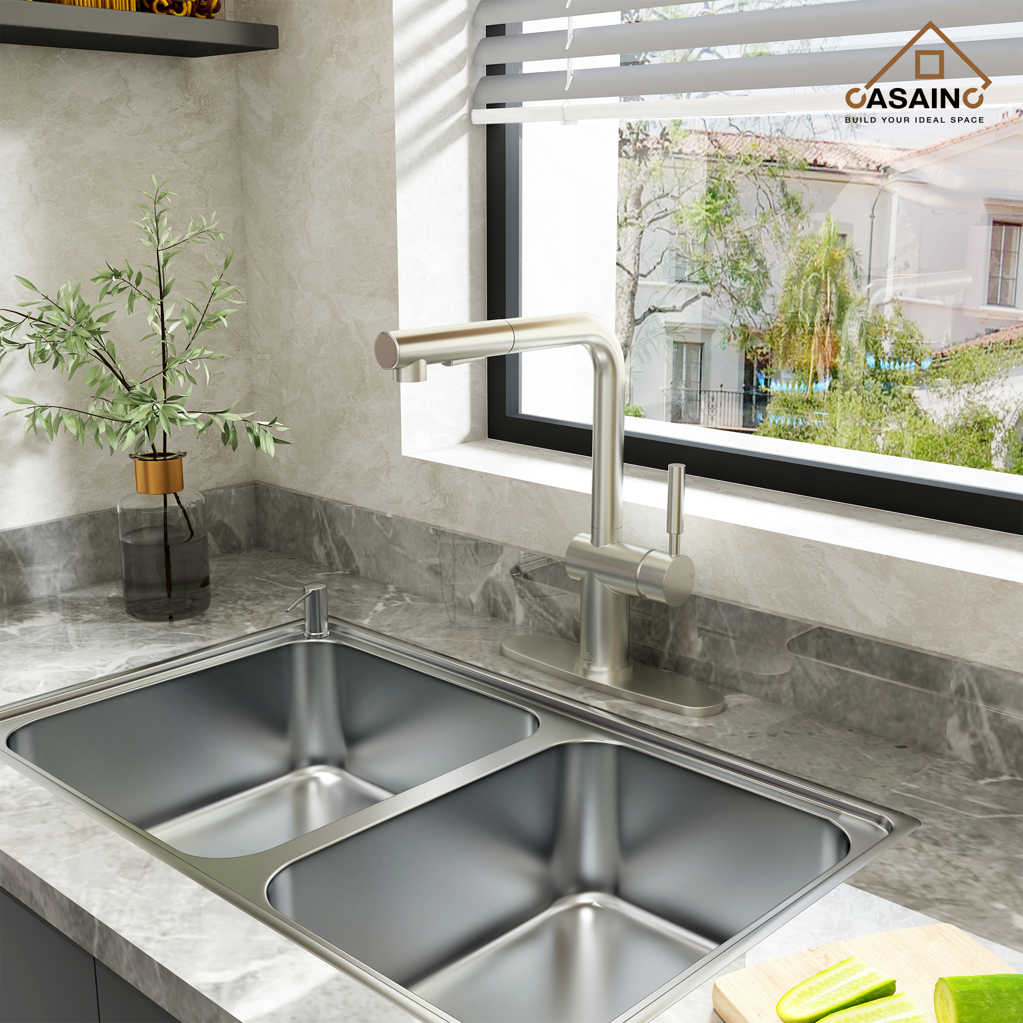 360 degrees Single-Handle Kitchen Faucet with Pull-Out Sprayer in Matte Black/Brushed Nickel/Brushed Gold/Matte White