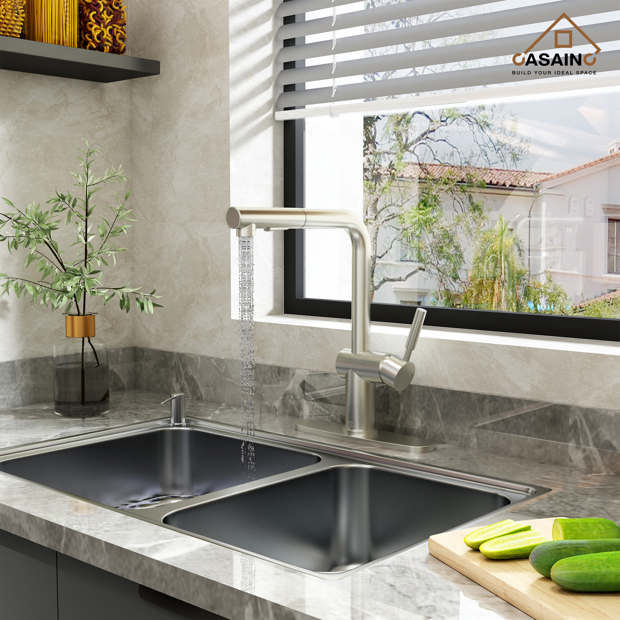 360 degrees Single-Handle Kitchen Faucet with Pull-Out Sprayer in Matte Black/Brushed Nickel/Brushed Gold/Matte White