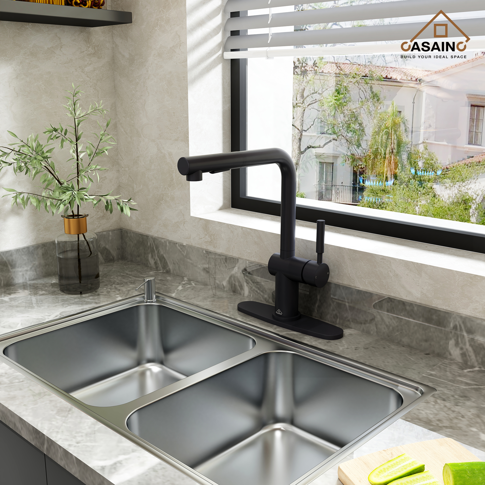 360 degrees Single-Handle Kitchen Faucet with Pull-Out Sprayer in Matte Black/Brushed Nickel/Brushed Gold/Matte White