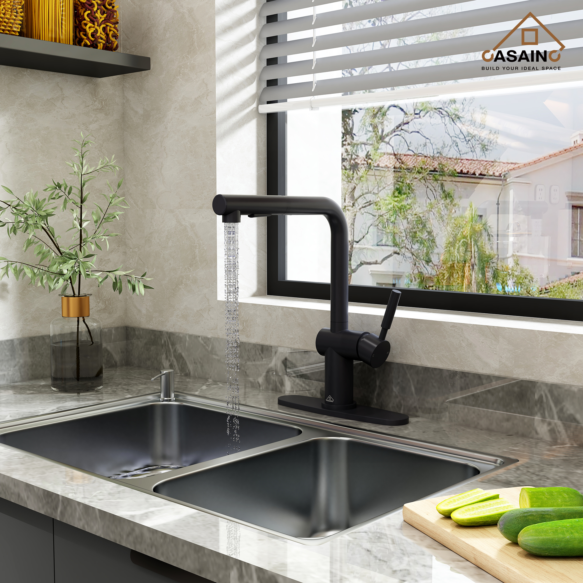 360 degrees Single-Handle Kitchen Faucet with Pull-Out Sprayer in Matte Black/Brushed Nickel/Brushed Gold/Matte White