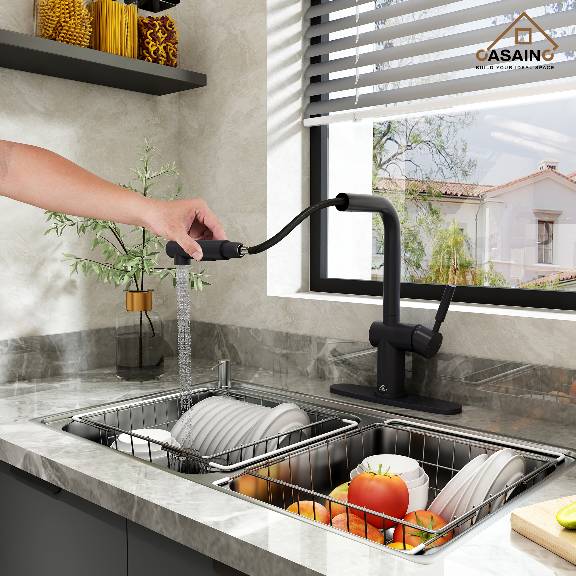 360 degrees Single-Handle Kitchen Faucet with Pull-Out Sprayer in Matte Black/Brushed Nickel/Brushed Gold/Matte White