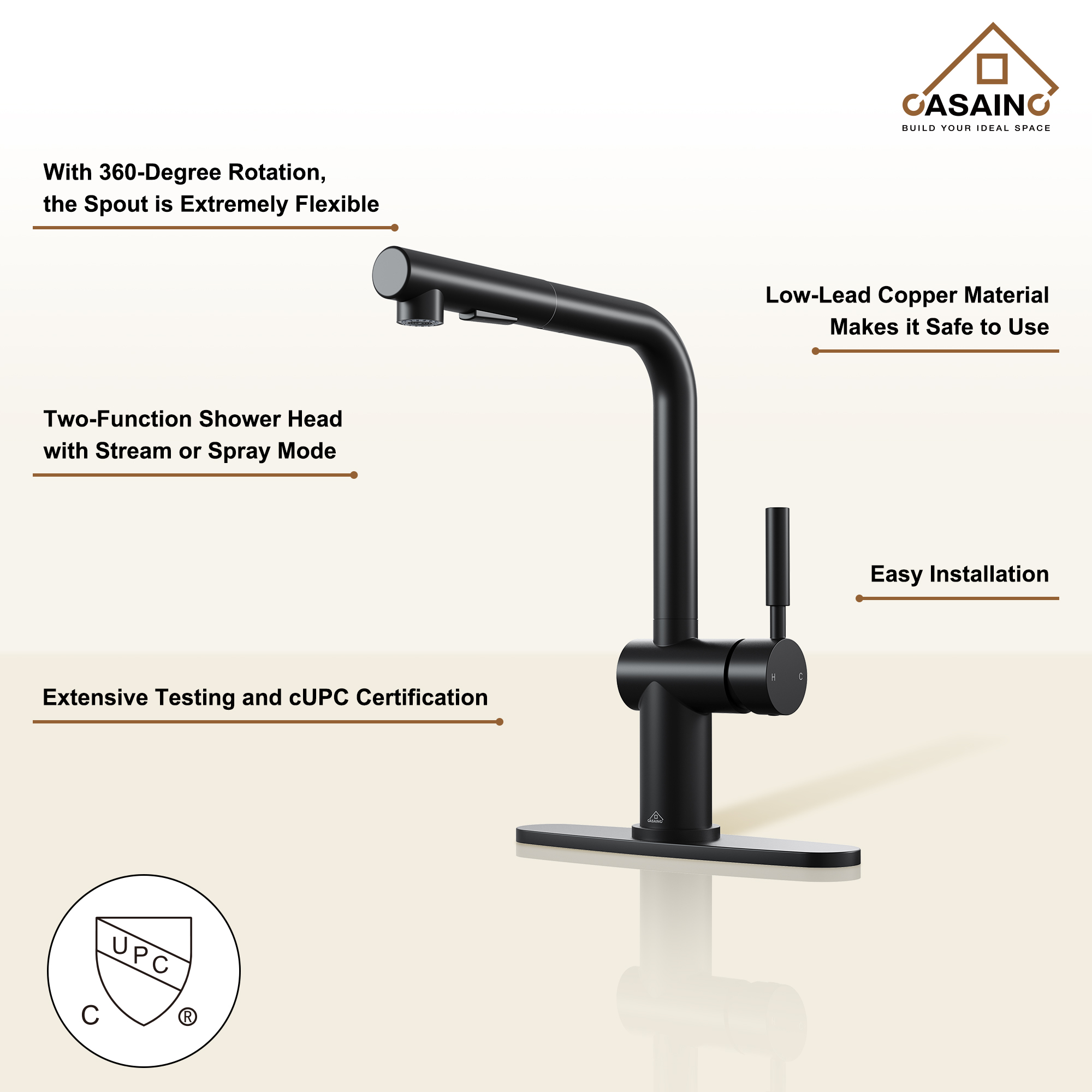 360 degrees Single-Handle Kitchen Faucet with Pull-Out Sprayer in Matte Black/Brushed Nickel/Brushed Gold/Matte White