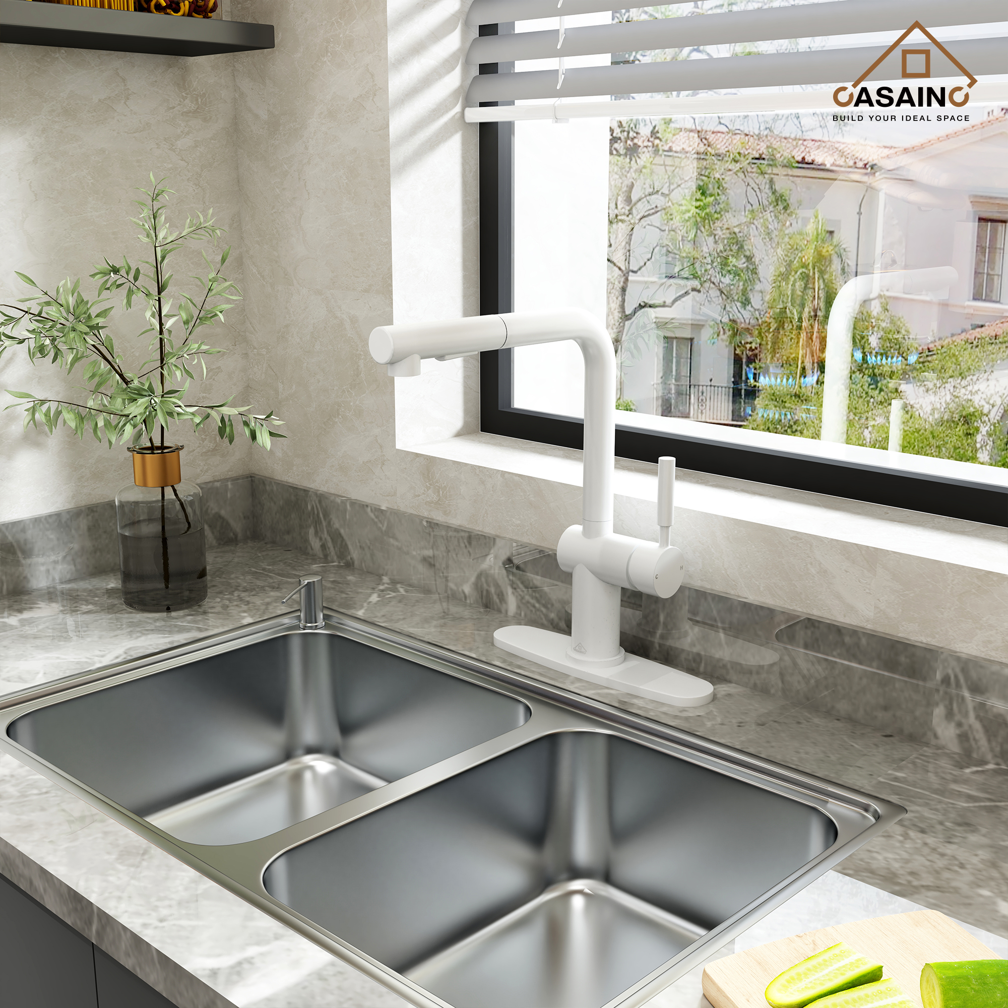 360 degrees Single-Handle Kitchen Faucet with Pull-Out Sprayer in Matte Black/Brushed Nickel/Brushed Gold/Matte White