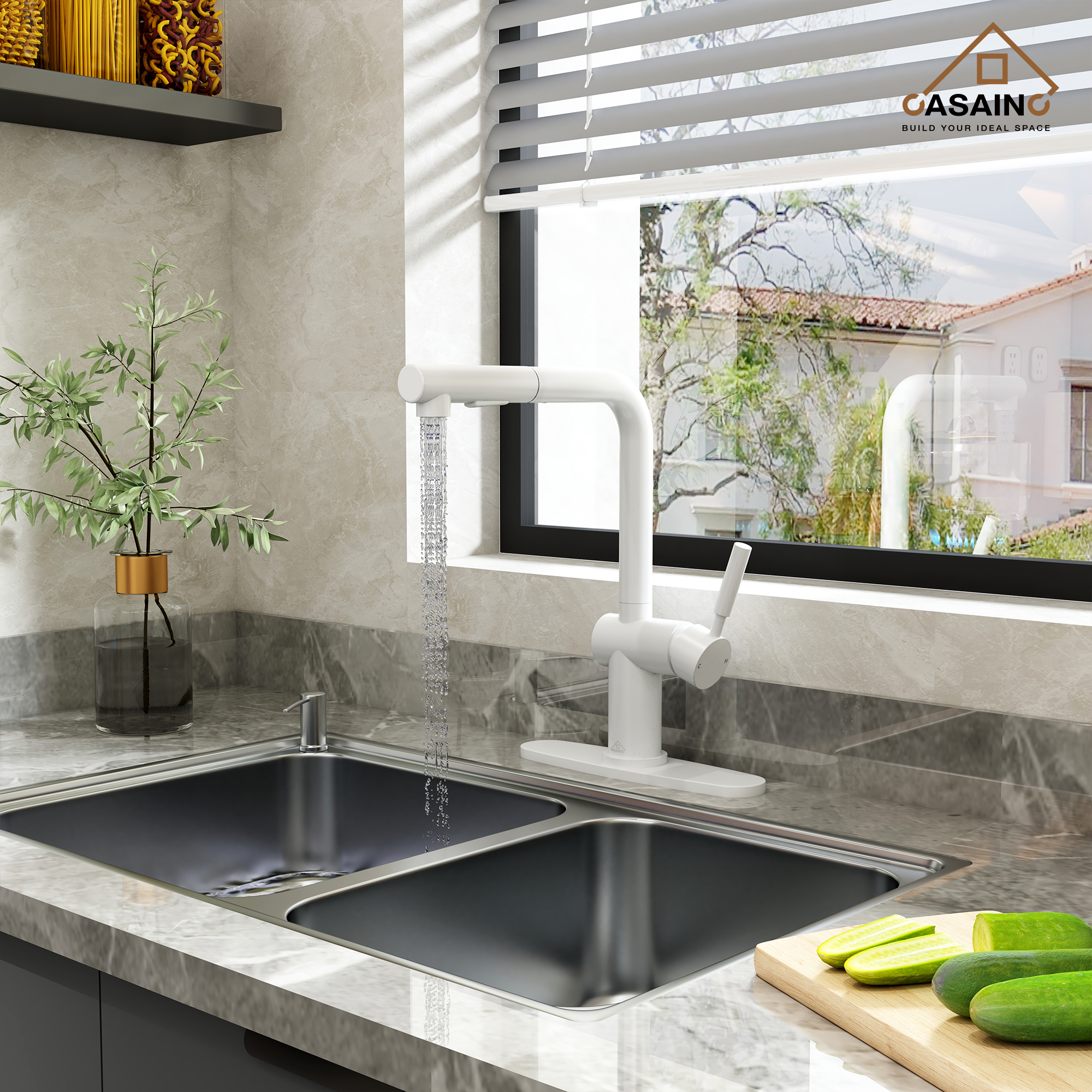 360 degrees Single-Handle Kitchen Faucet with Pull-Out Sprayer in Matte Black/Brushed Nickel/Brushed Gold/Matte White