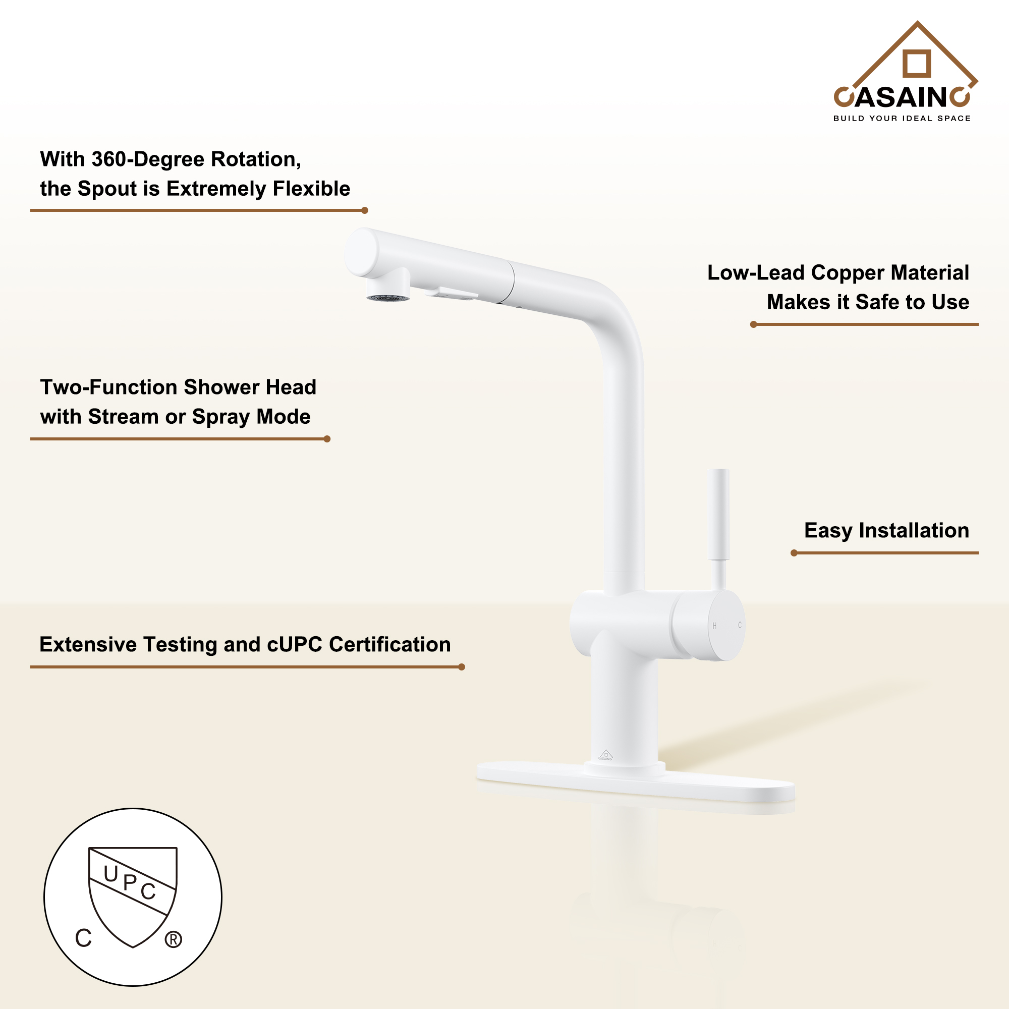 360 degrees Single-Handle Kitchen Faucet with Pull-Out Sprayer in Matte Black/Brushed Nickel/Brushed Gold/Matte White