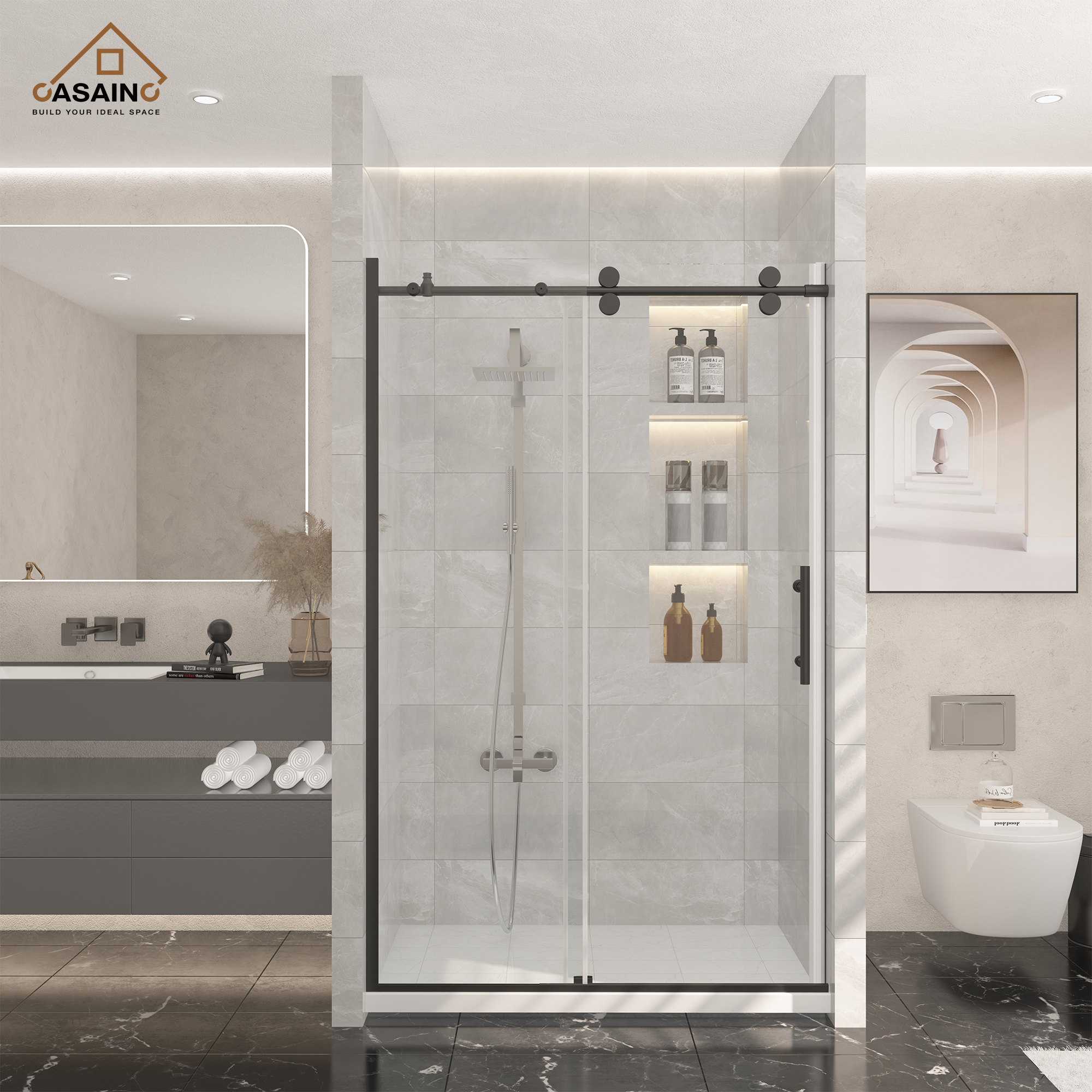 48 in. W x 76 in. H Single Sliding Frameless Shower Door in Matte Black Finish with Clear Glass, Reversable Installation