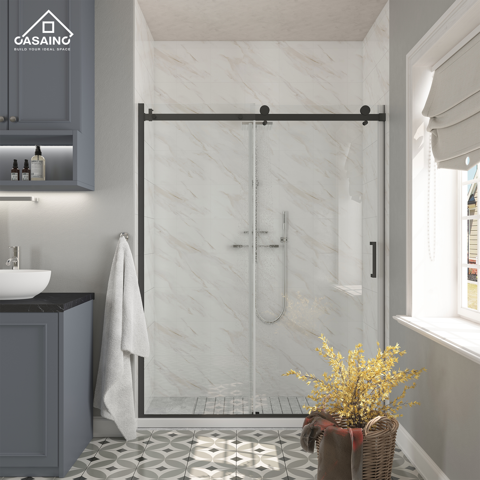 60 in. W x 76 in. H  Single Sliding Frameless Shower Door in Matte Black Finish with Clear Glass, Reversable Installation