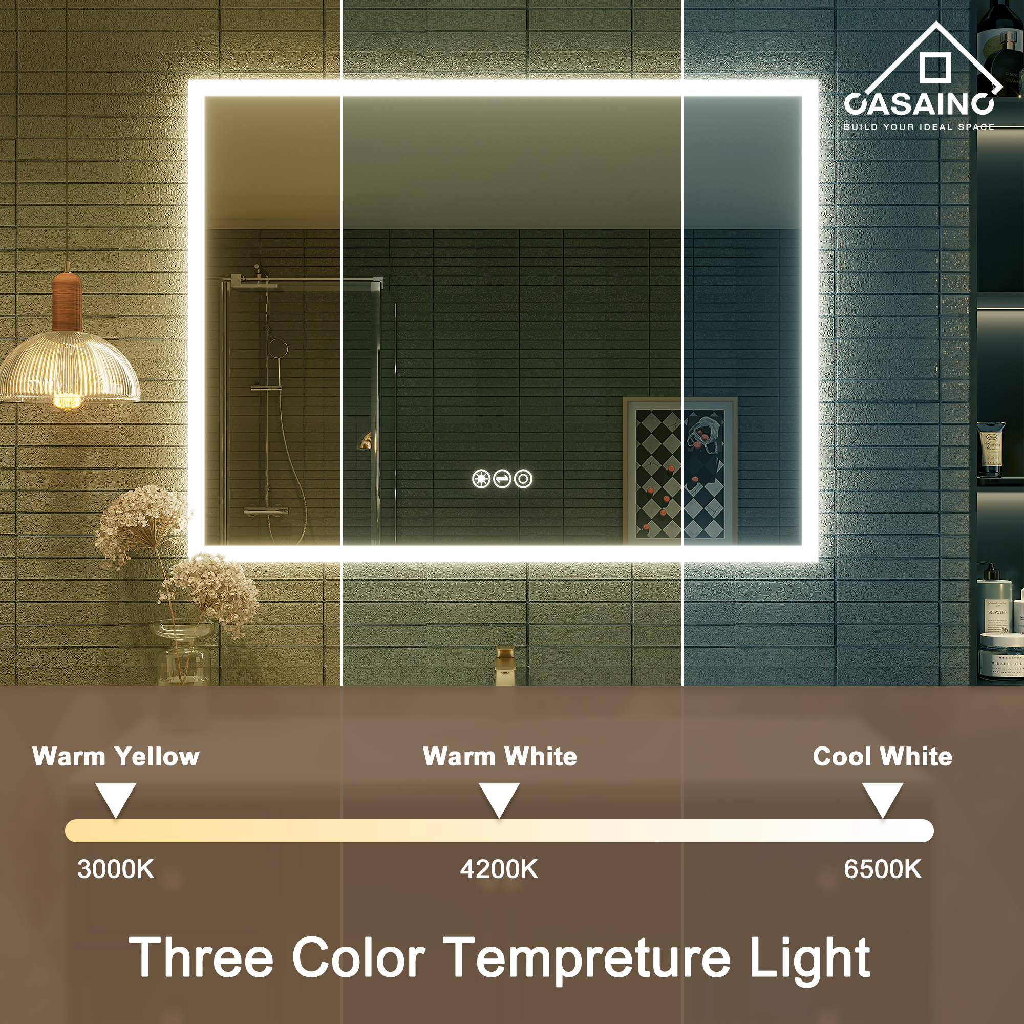 LED Bathroom Mirror Wall-Mounted Vanity Mirror with Anti Fog, Dimmable, Color Temperature Adjustable CASAINC Size: 36 x 72