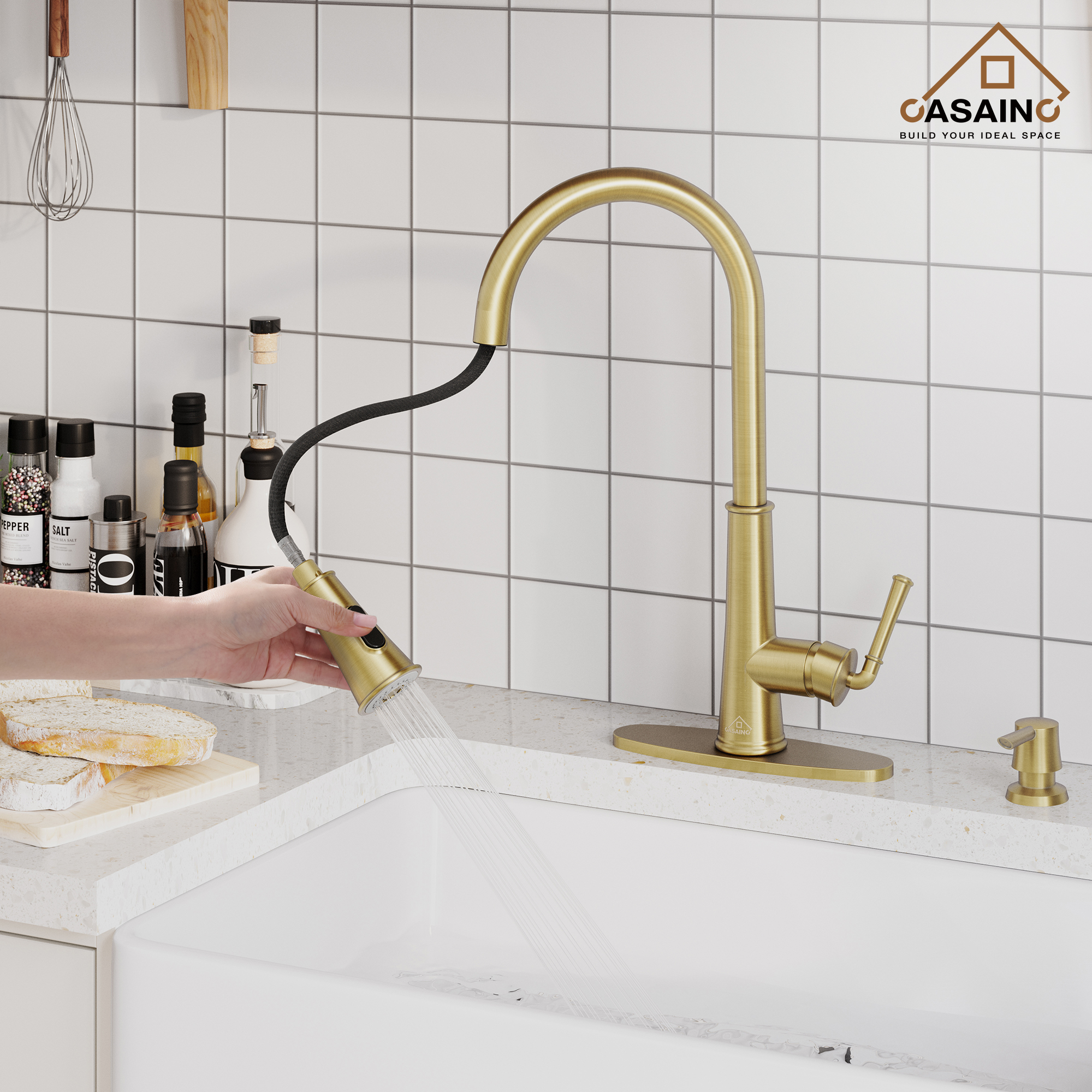 CASAINC 1.8gpm Infrared Induction Touchless Pull Down Single Handle Kitchen Faucet With LED Function, Soap Dispenser Included