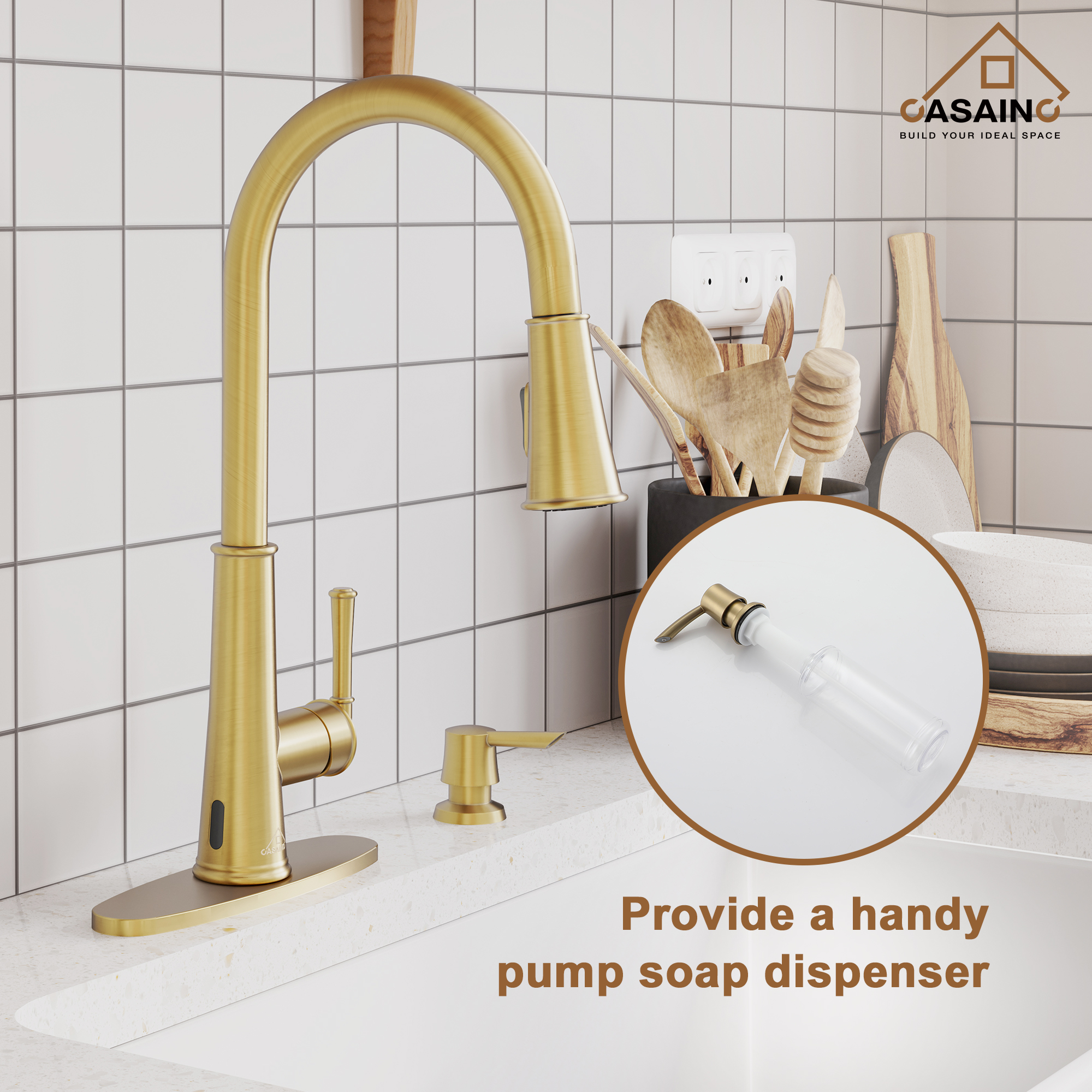 CASAINC 1.8gpm Infrared Induction Touchless Pull Down Single Handle Kitchen Faucet With LED Function, Soap Dispenser Included