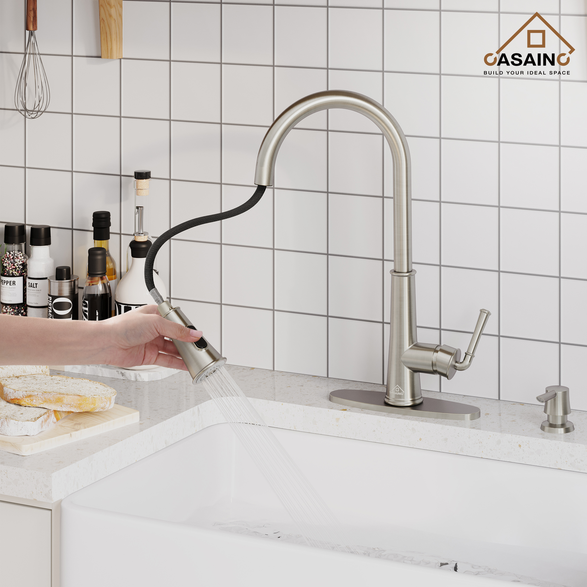 CASAINC 1.8gpm Infrared Induction Touchless Pull Down Single Handle Kitchen Faucet With LED Function, Soap Dispenser Included