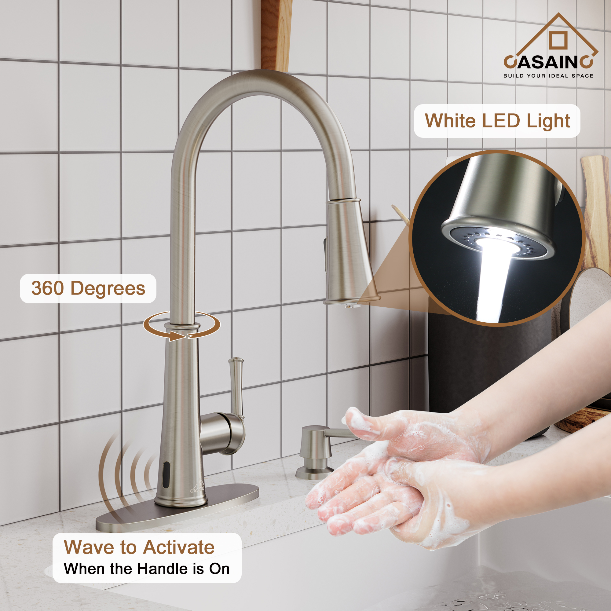 CASAINC 1.8gpm Infrared Induction Touchless Pull Down Single Handle Kitchen Faucet With LED Function, Soap Dispenser Included