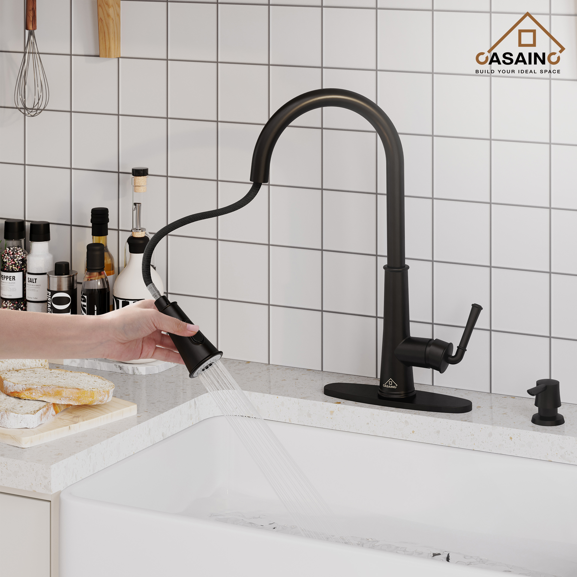 CASAINC 1.8gpm Infrared Induction Touchless Pull Down Single Handle Kitchen Faucet With LED Function, Soap Dispenser Included