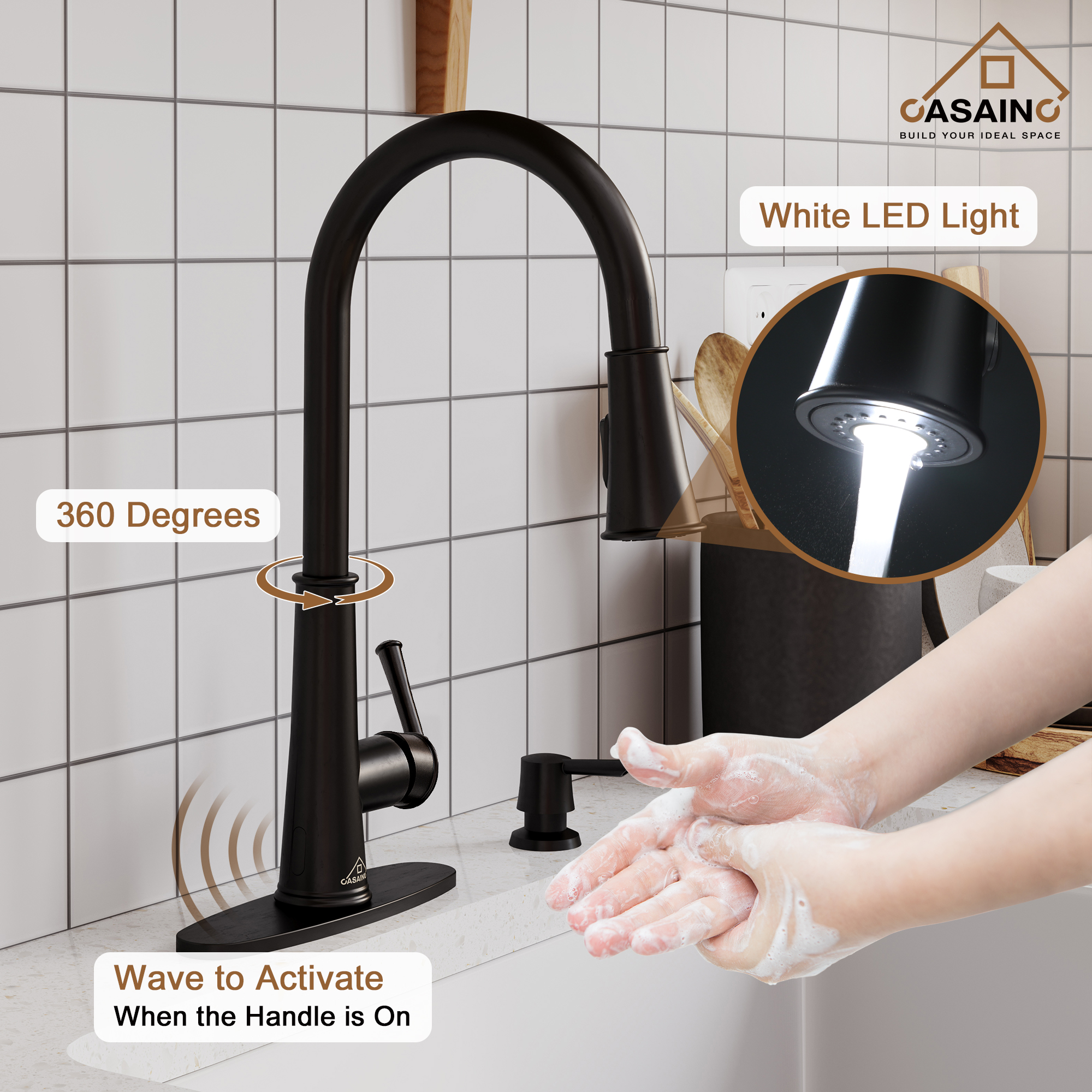 CASAINC 1.8gpm Infrared Induction Touchless Pull Down Single Handle Kitchen Faucet With LED Function, Soap Dispenser Included
