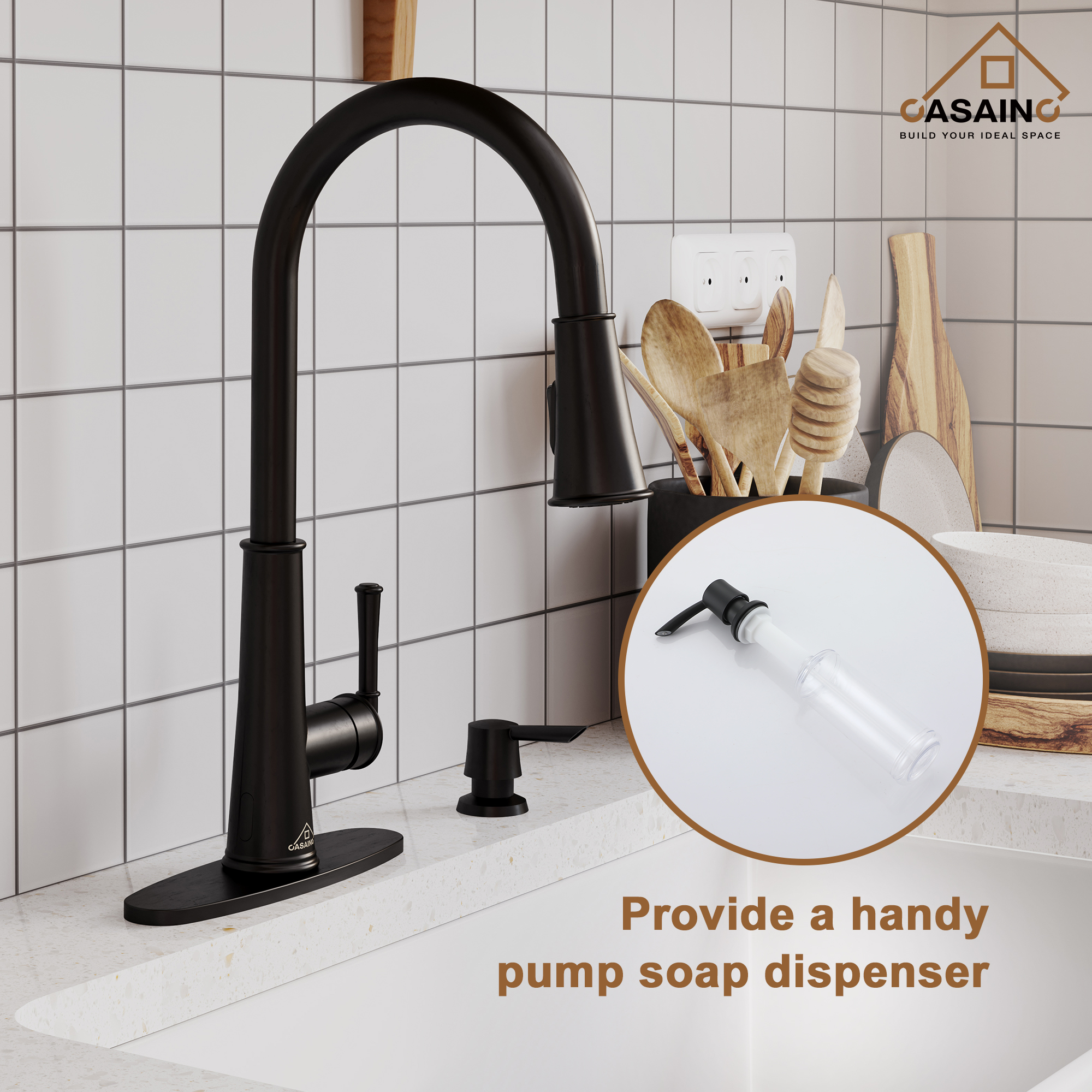 CASAINC 1.8gpm Infrared Induction Touchless Pull Down Single Handle Kitchen Faucet With LED Function, Soap Dispenser Included