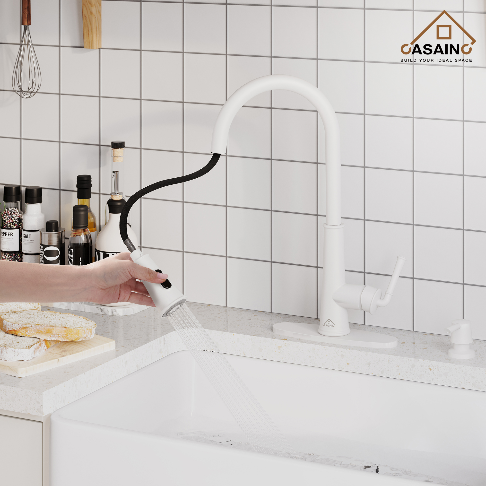 CASAINC 1.8gpm Infrared Induction Touchless Pull Down Single Handle Kitchen Faucet With LED Function, Soap Dispenser Included
