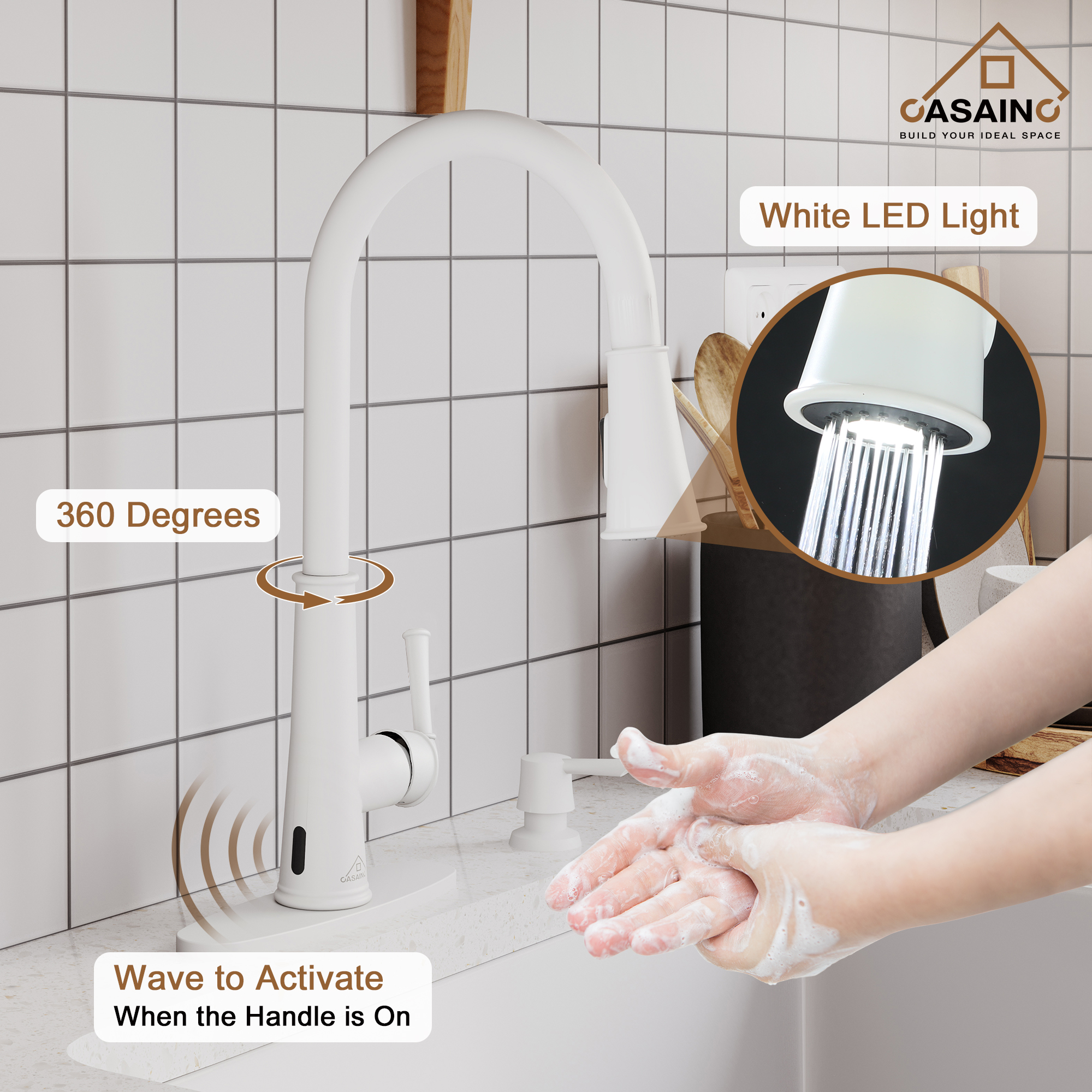 CASAINC 1.8gpm Infrared Induction Touchless Pull Down Single Handle Kitchen Faucet With LED Function, Soap Dispenser Included