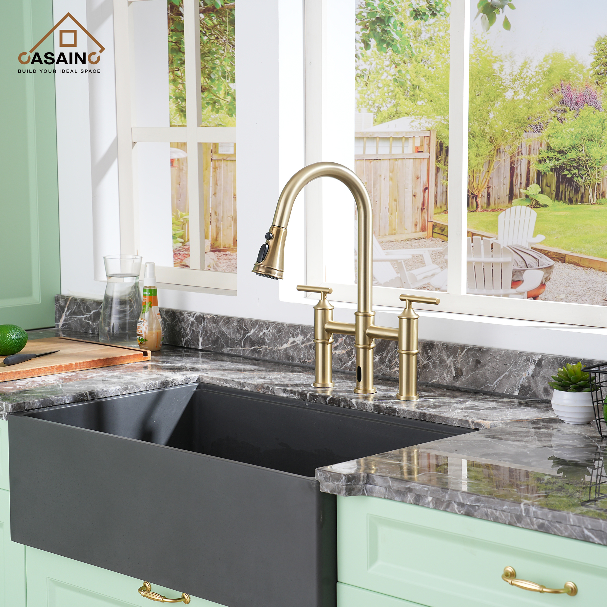 Double-Handle Kitchen Faucet with Pull-Out Sprayer Infrared Sensor in Brushed Nickel/Matte Black/Brushed Gold
