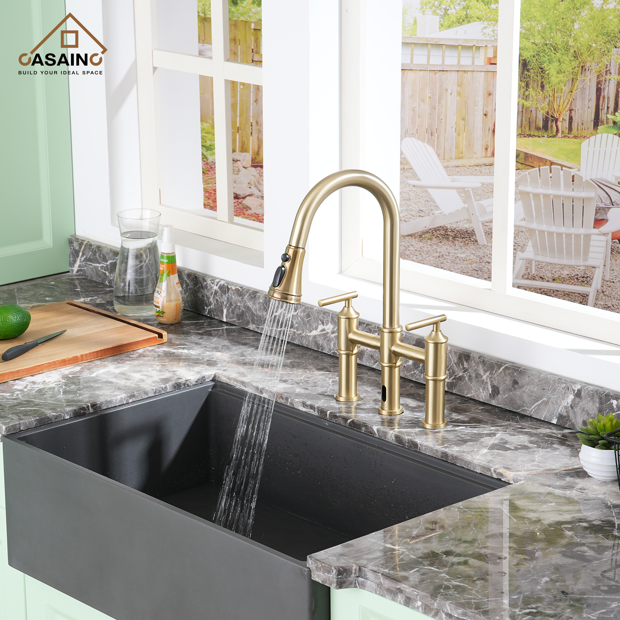 Double-Handle Kitchen Faucet with Pull-Out Sprayer Infrared Sensor in Brushed Nickel/Matte Black/Brushed Gold