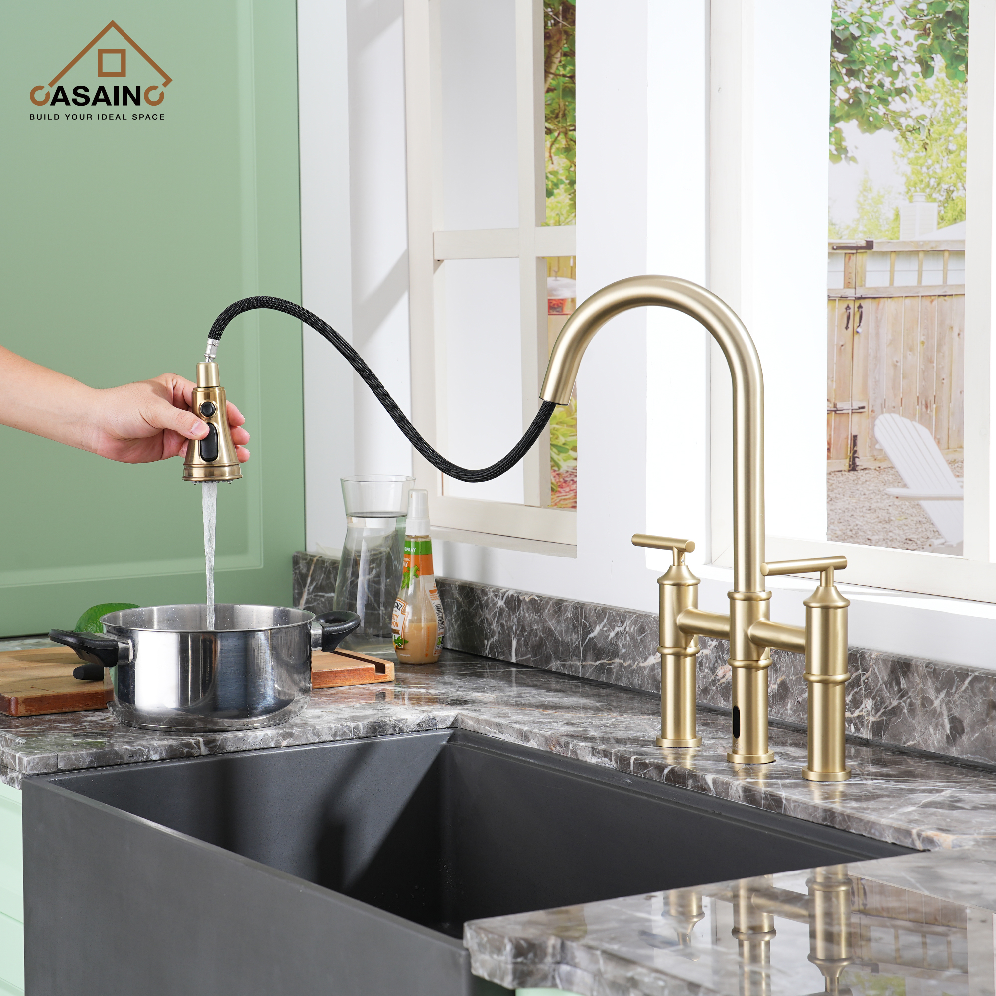 Double-Handle Kitchen Faucet with Pull-Out Sprayer Infrared Sensor in Brushed Nickel/Matte Black/Brushed Gold