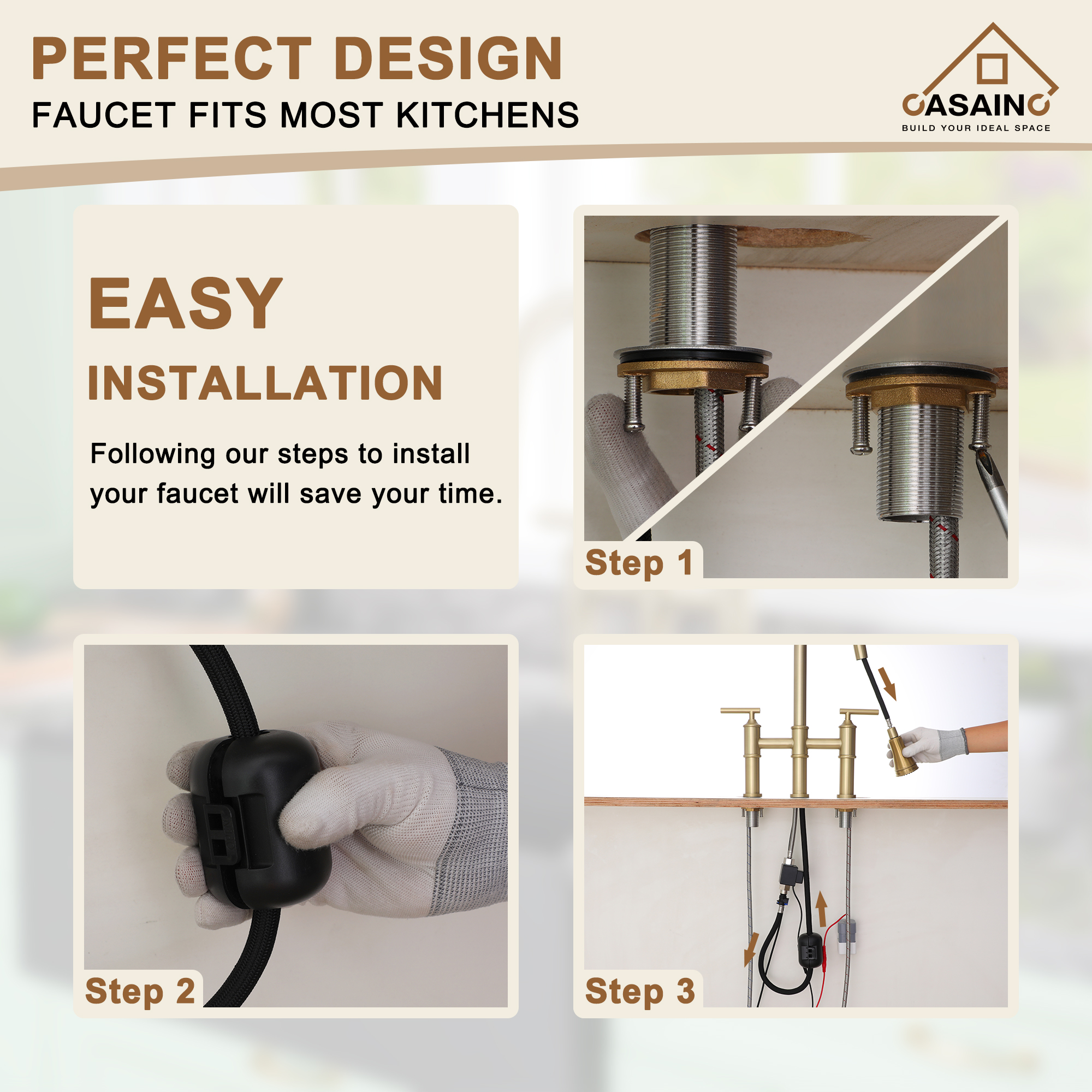 Double-Handle Kitchen Faucet with Pull-Out Sprayer Infrared Sensor in Brushed Nickel/Matte Black/Brushed Gold