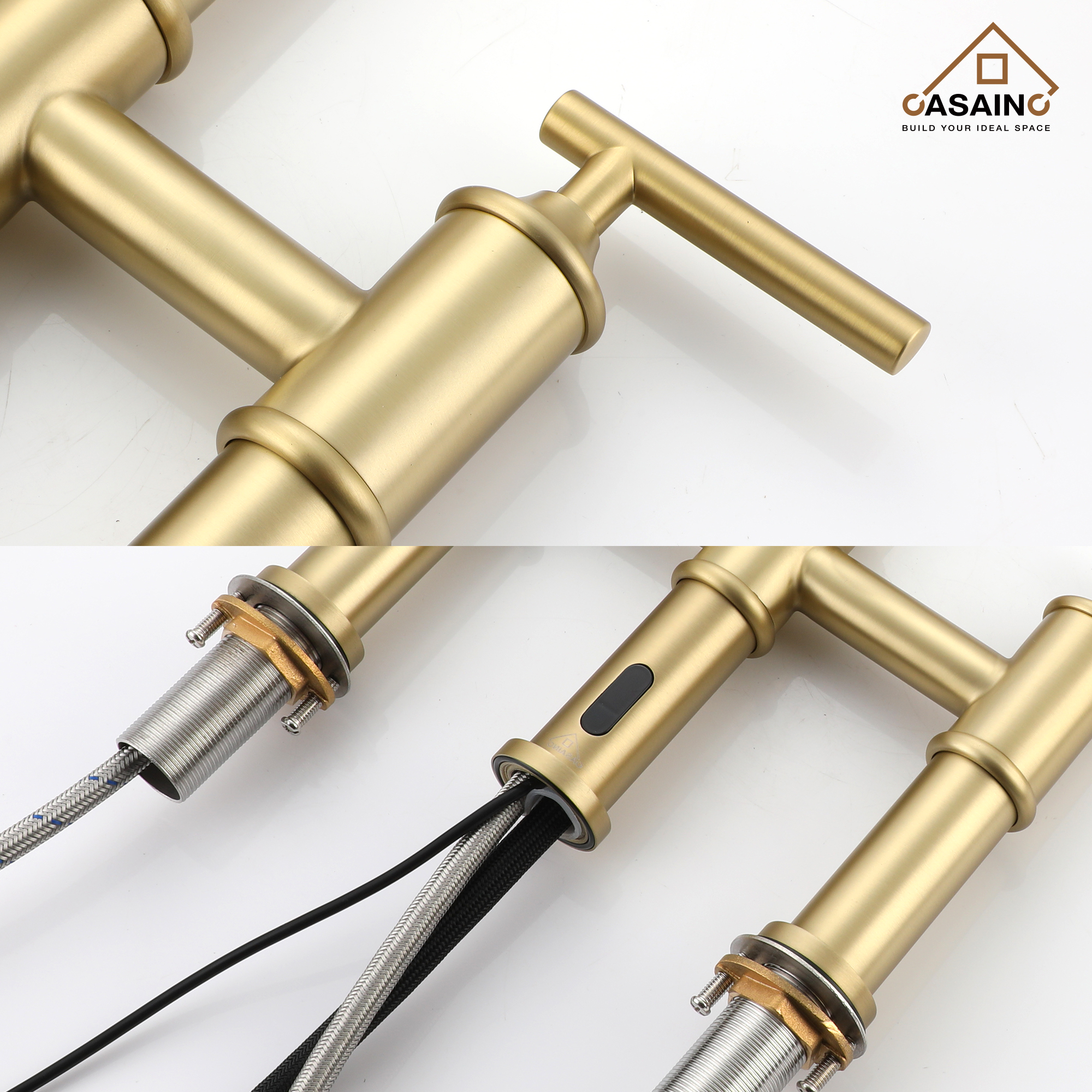 Double-Handle Kitchen Faucet with Pull-Out Sprayer Infrared Sensor in Brushed Nickel/Matte Black/Brushed Gold