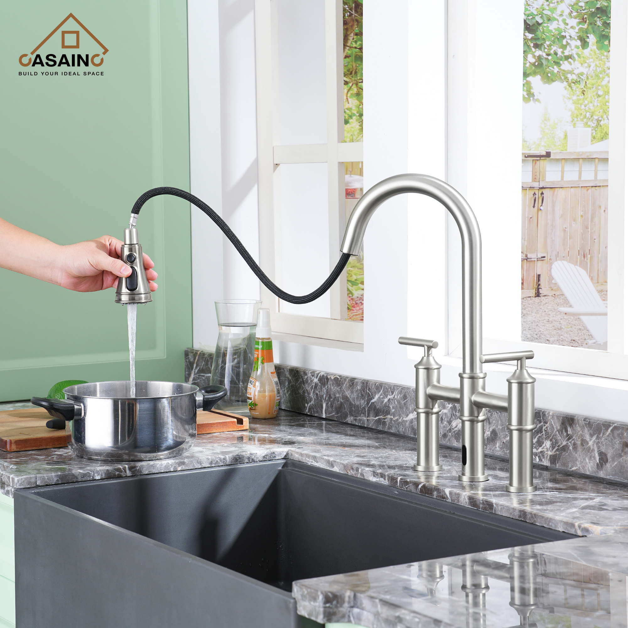Double-Handle Kitchen Faucet with Pull-Out Sprayer Infrared Sensor in Brushed Nickel/Matte Black/Brushed Gold