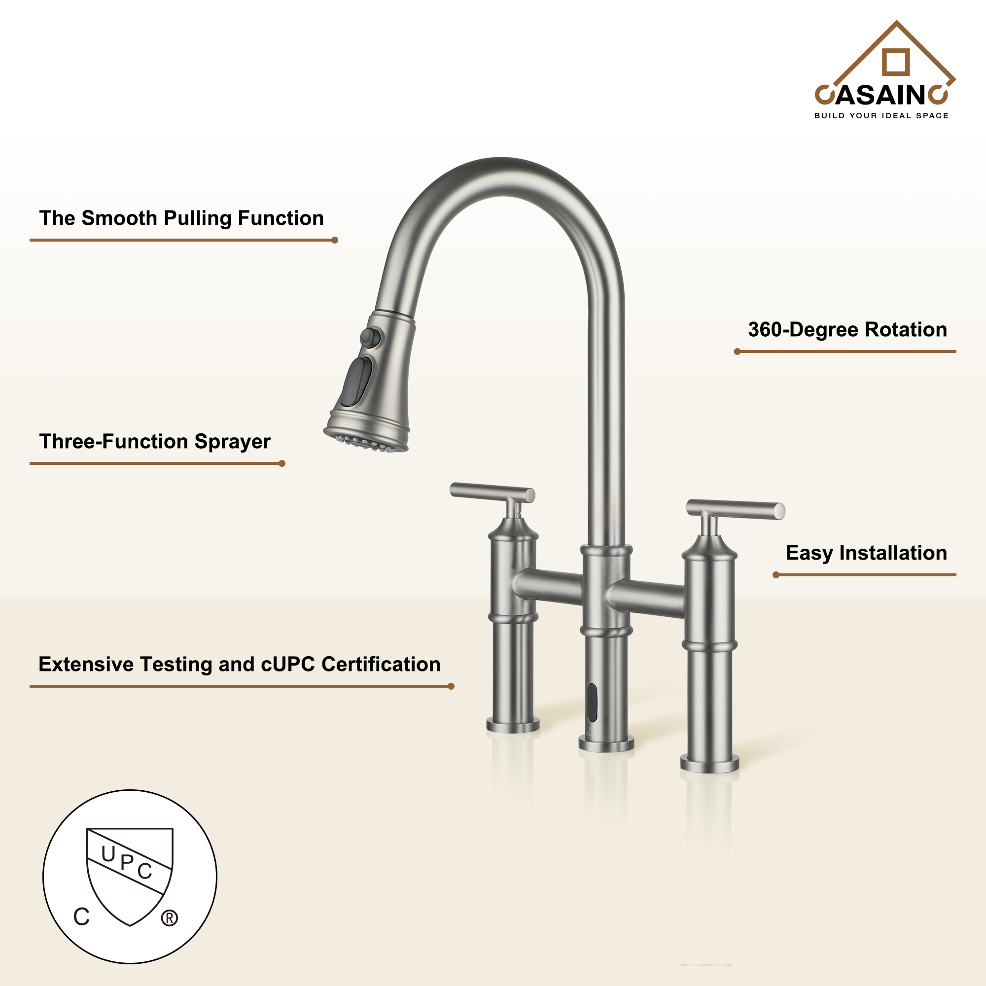 Double-Handle Kitchen Faucet with Pull-Out Sprayer Infrared Sensor in Brushed Nickel/Matte Black/Brushed Gold