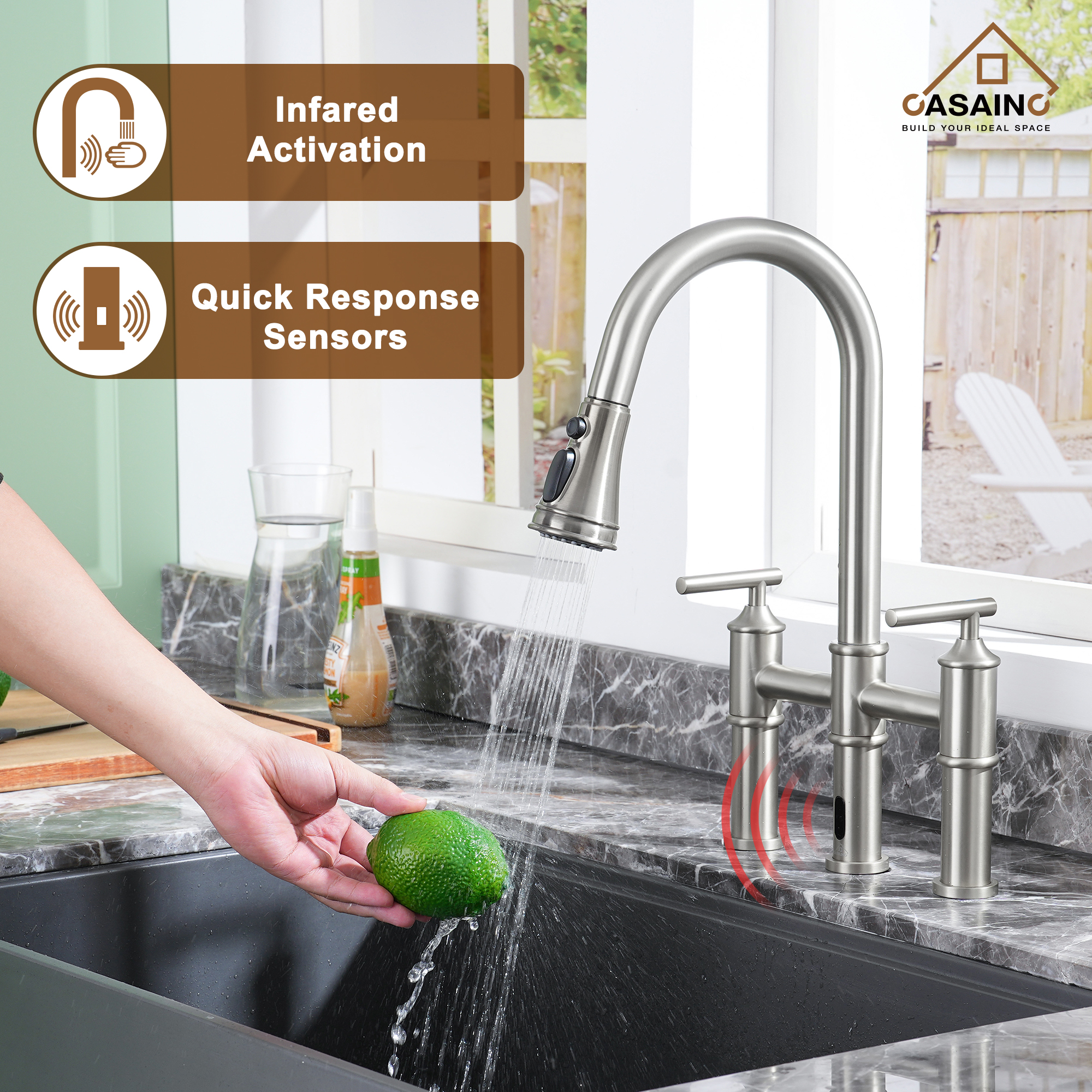 Double-Handle Kitchen Faucet with Pull-Out Sprayer Infrared Sensor in Brushed Nickel/Matte Black/Brushed Gold