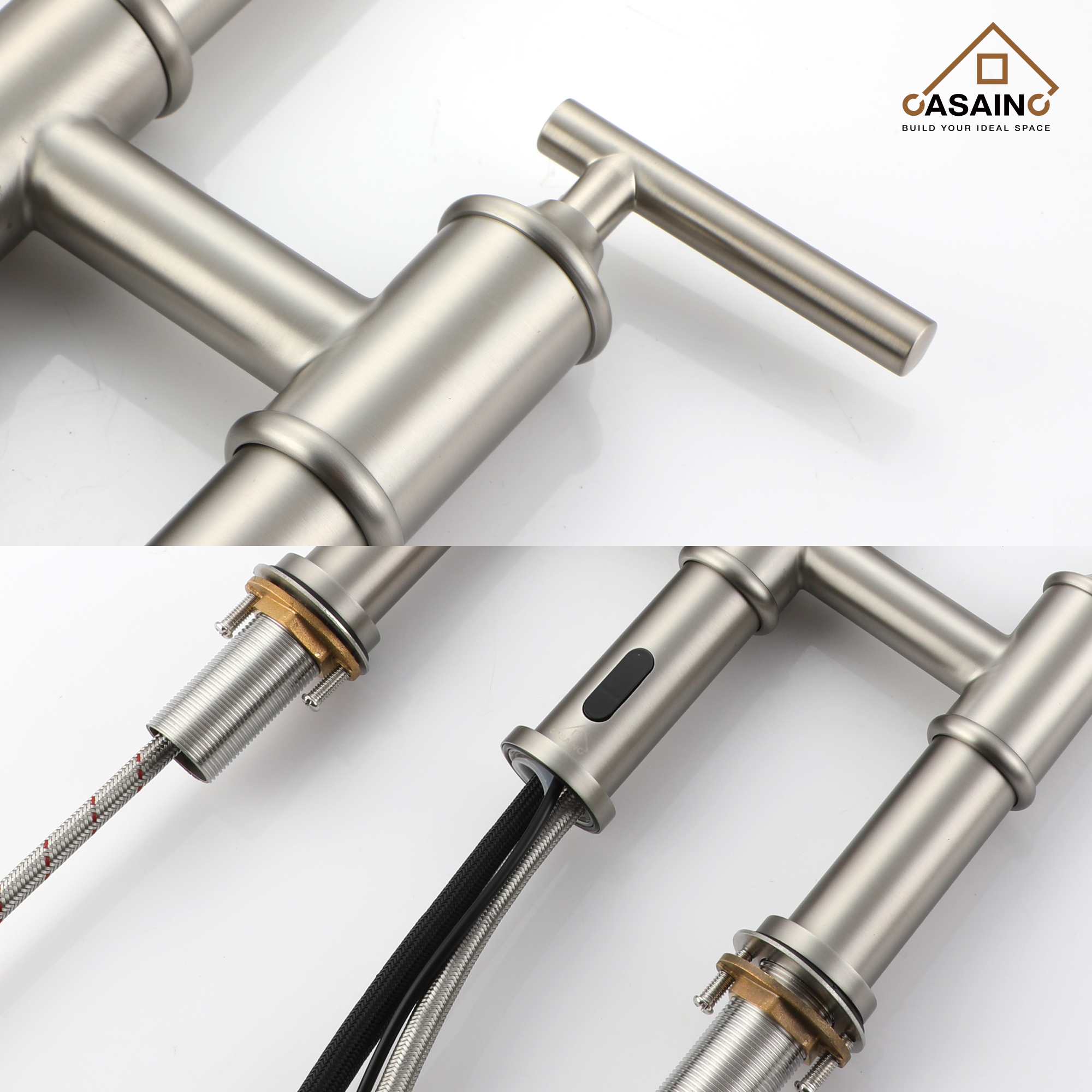 Double-Handle Kitchen Faucet with Pull-Out Sprayer Infrared Sensor in Brushed Nickel/Matte Black/Brushed Gold